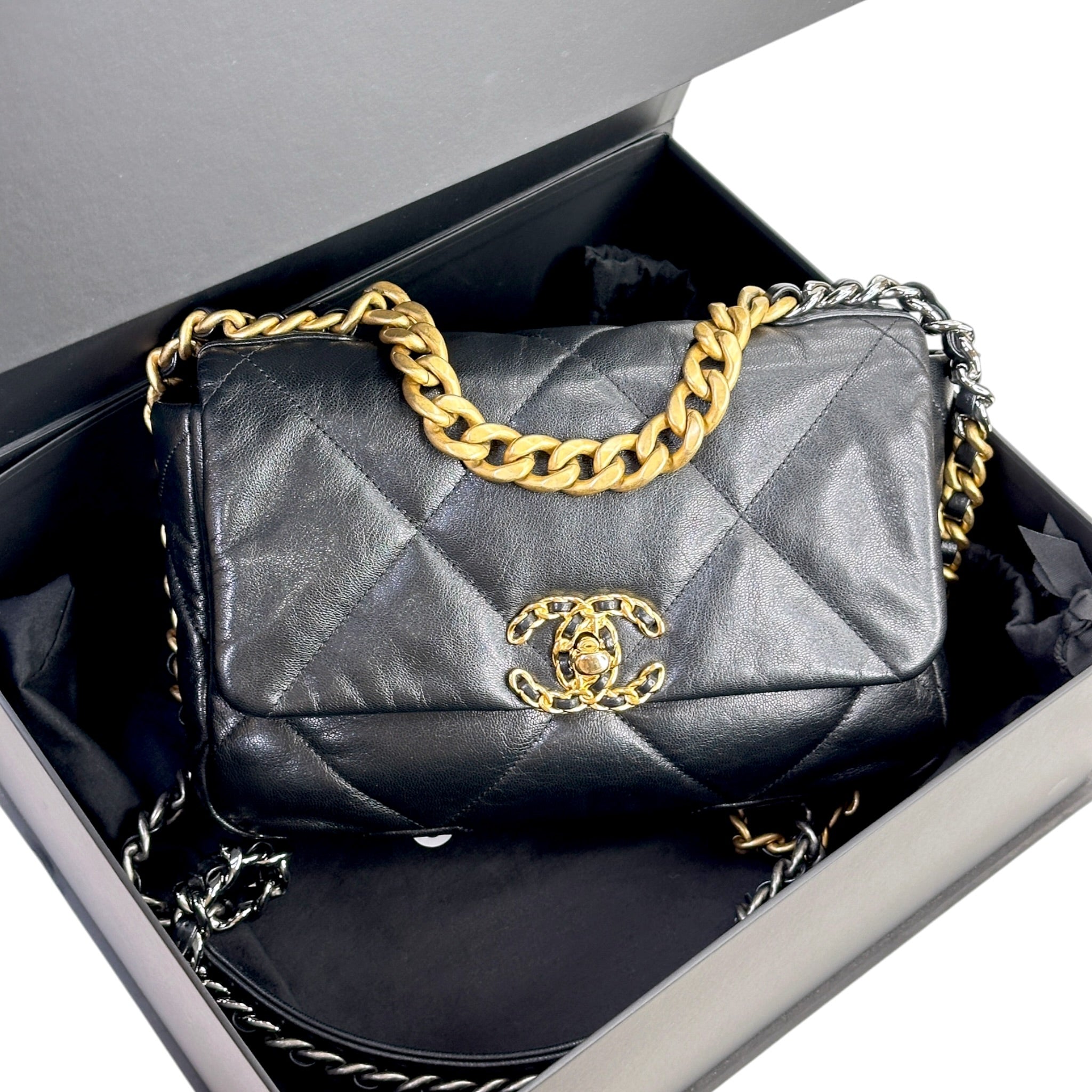 Chanel 19 Small Black Lamb skin Flap Bag
