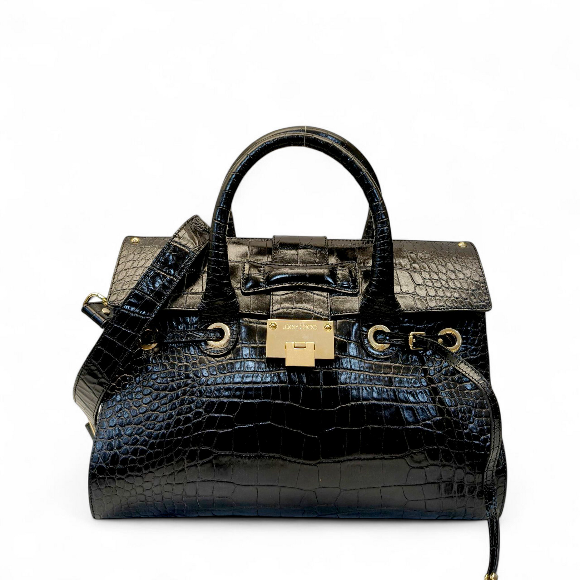 Jimmy Choo Black Croc Embossed Leather Rosalie Top Handle Bag