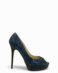 Jimmy Choo Dahlia Peep Toe Platform Pumps Blue/Black Coarse Glitter EU 38