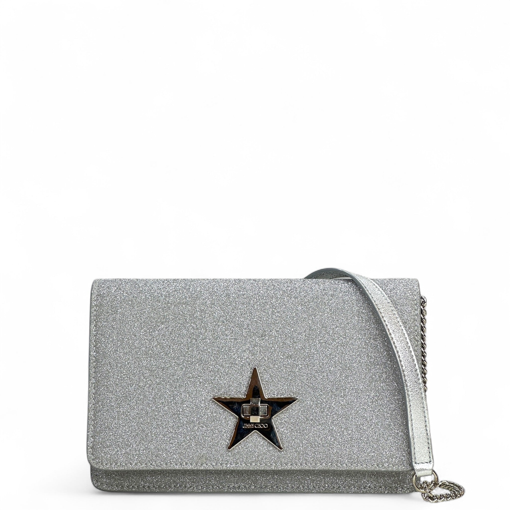 Jimmy Choo Palace Star Lock Silver Glitter Crossbody Bag