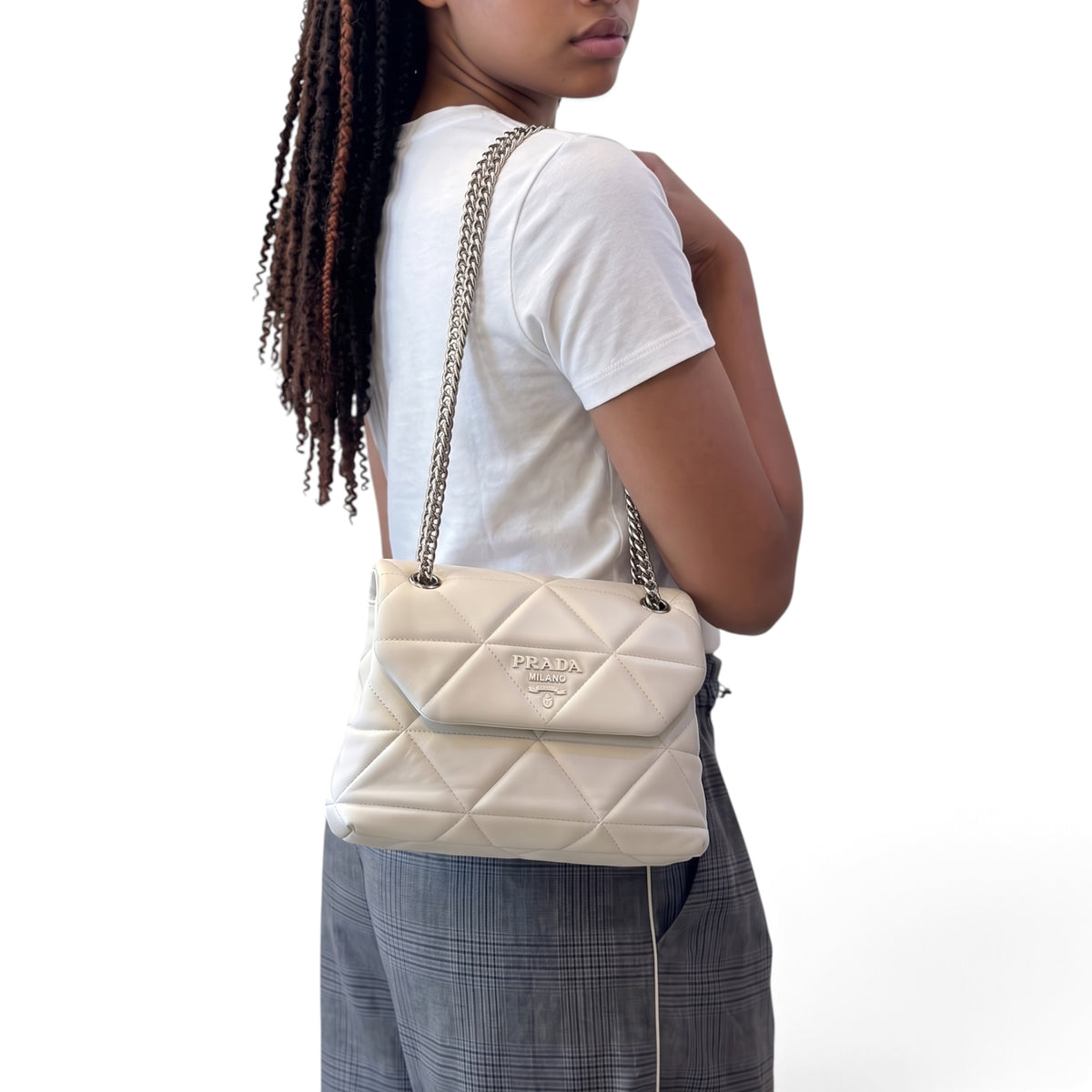 Prada spectrum small white leather shoulder / crossbody bag