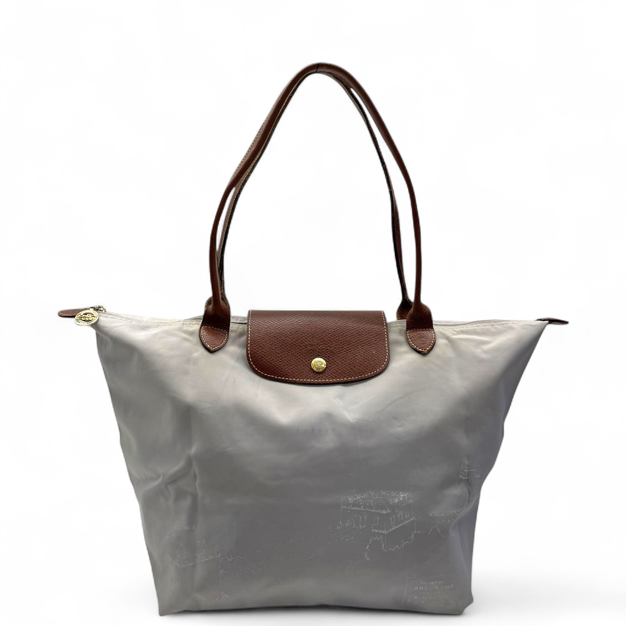 Longchamp Grey/Brown Nylon and Leather Le Pliage Tote Bag
