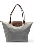 Longchamp Grey/Brown Nylon and Leather Le Pliage Tote Bag