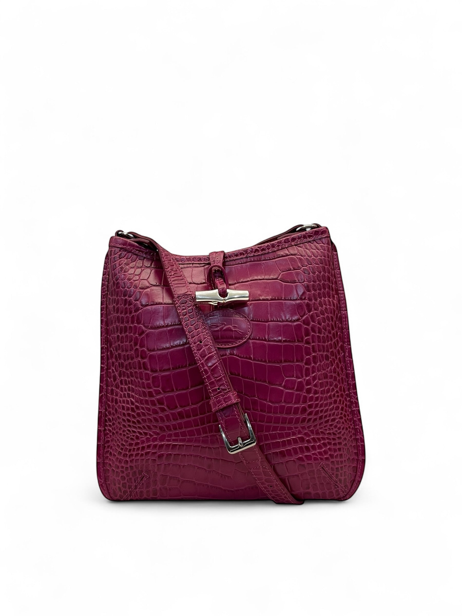 Longchamp Pink Croc Embossed Leather Crossbody Bag