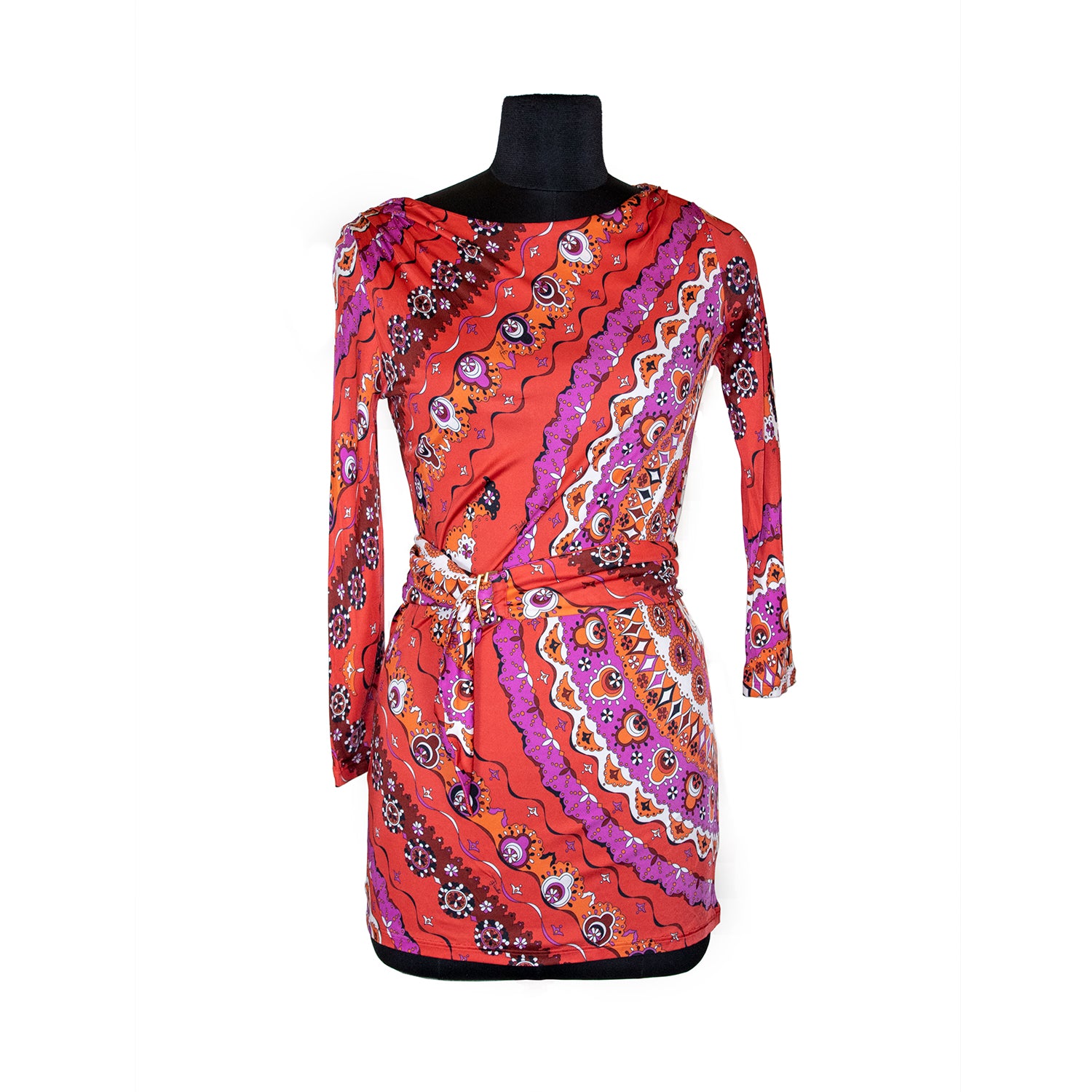 emilio pucci red dress S Emilio Pucci Dress 1960s Red Floral Paisley Printed Tunic Long Sleeve 60s VTG
