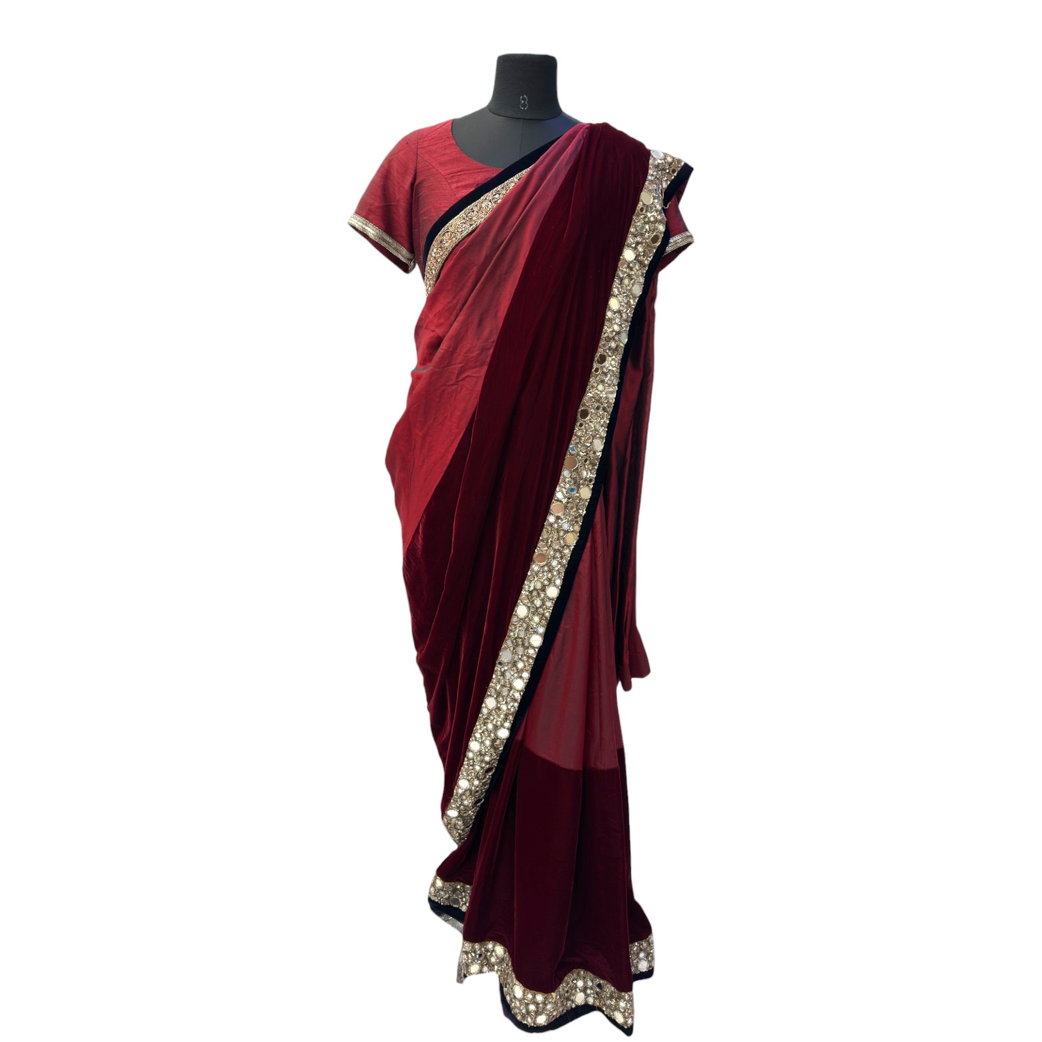 Manish Malhotra Maroon Velvet Saree Set Mirror Embroidery Size M-L
