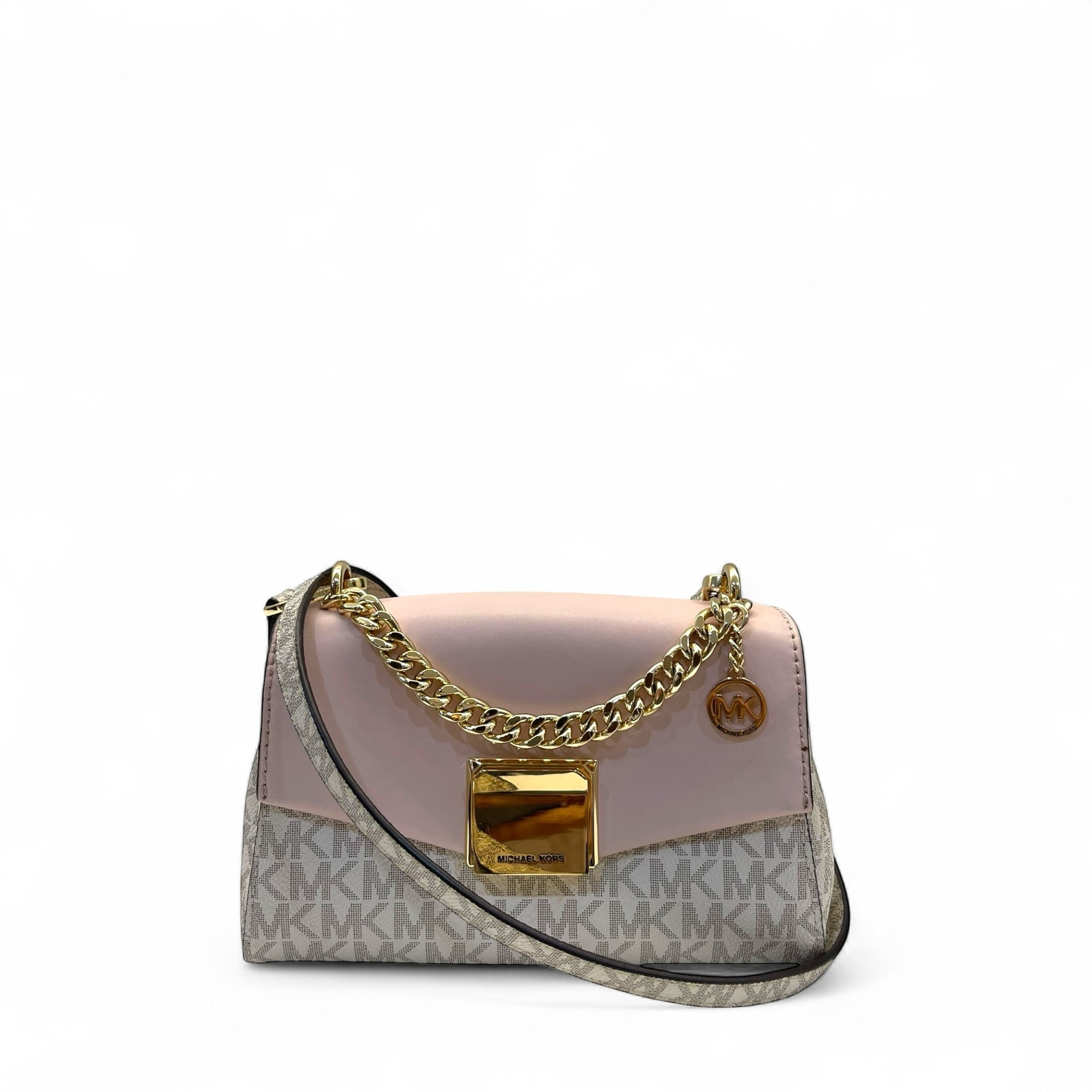Michael Kors White/Pink Signature Coated Canvas And Leather Small Lita Crossbody Bag