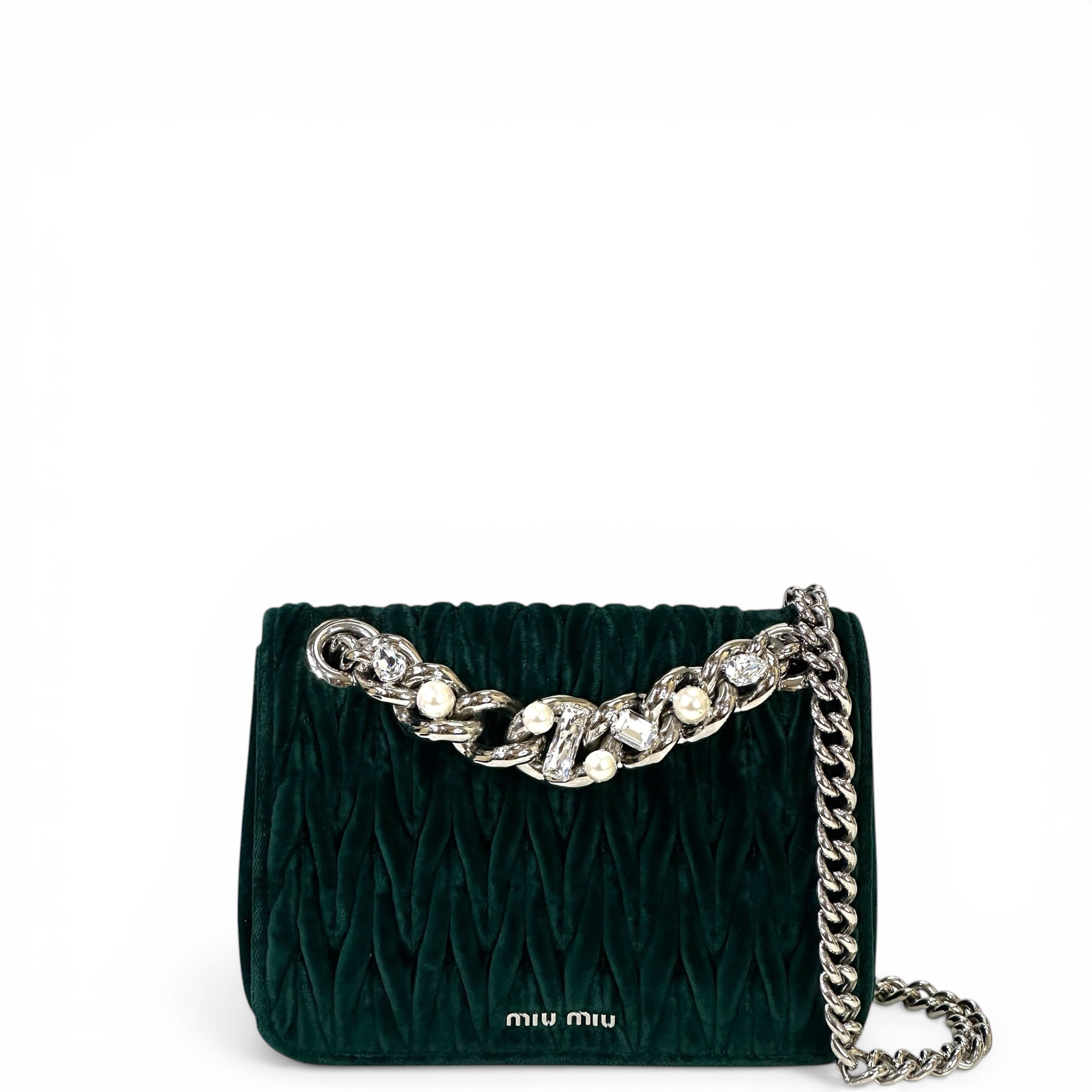 Miu Miu Club Shoulder Bag Small Green Velvet Matelassé