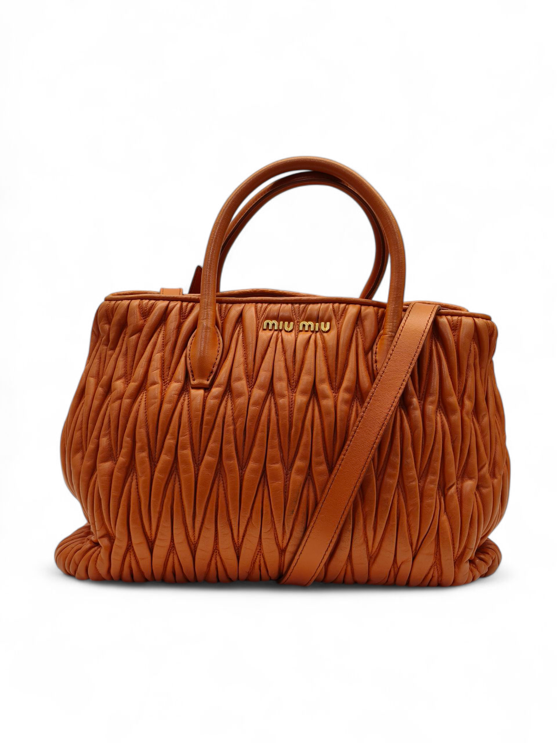 Miu Miu Matelasse Hand Bag Leather 2way Orange Gold