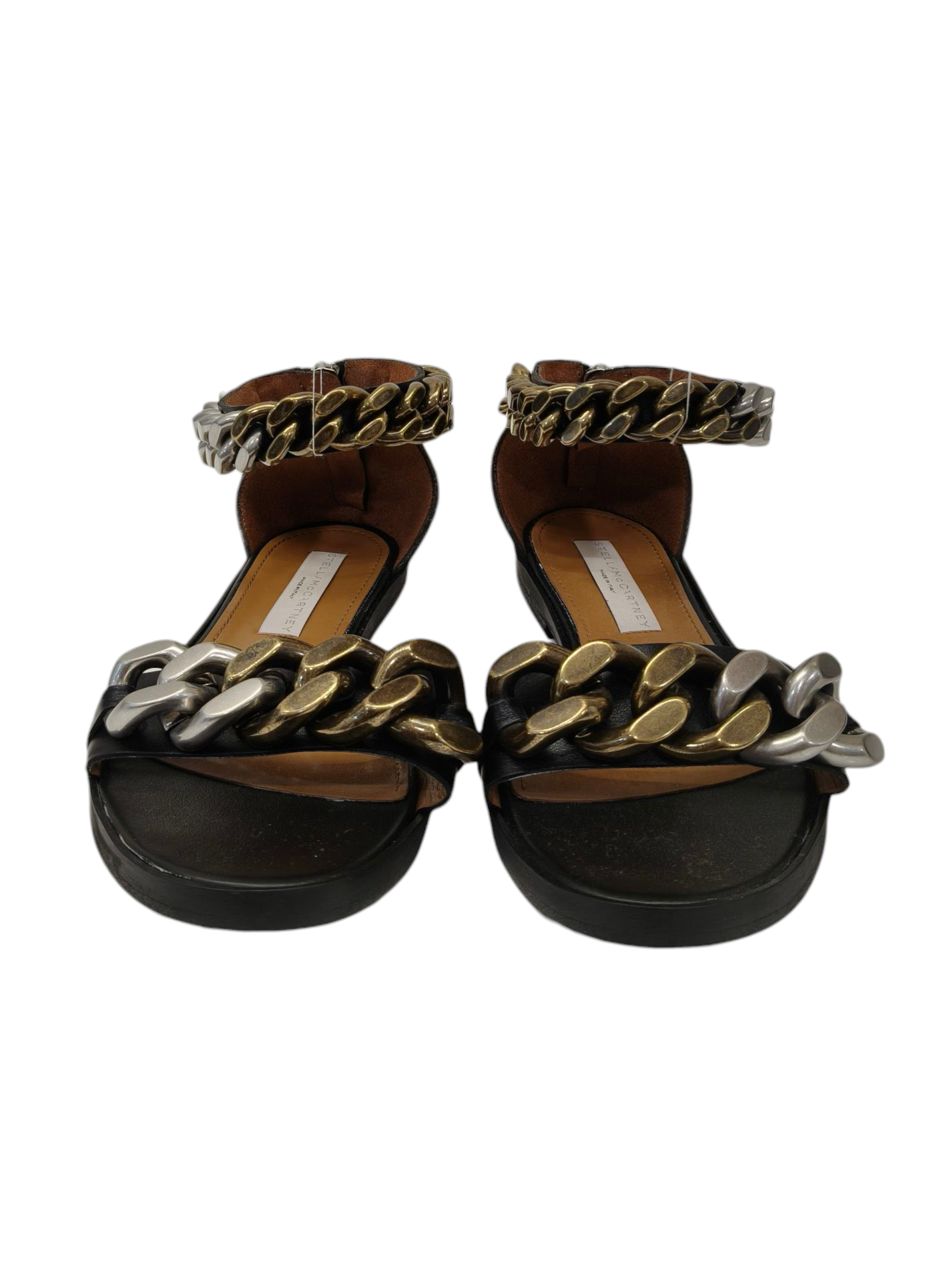 Stella McCartney Faux Leather Chain Black Link Ankle Strap Flat Sandals EU 38