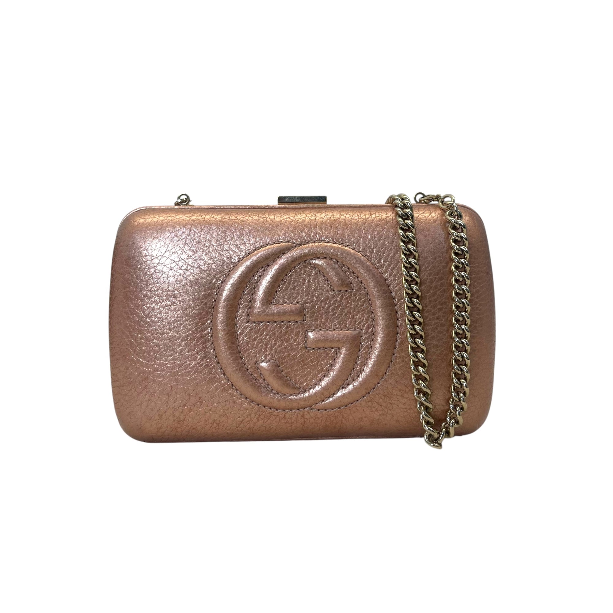 Gucci Gold Pebbled Calfskin Leather Soho Hard Case Clutch Bag