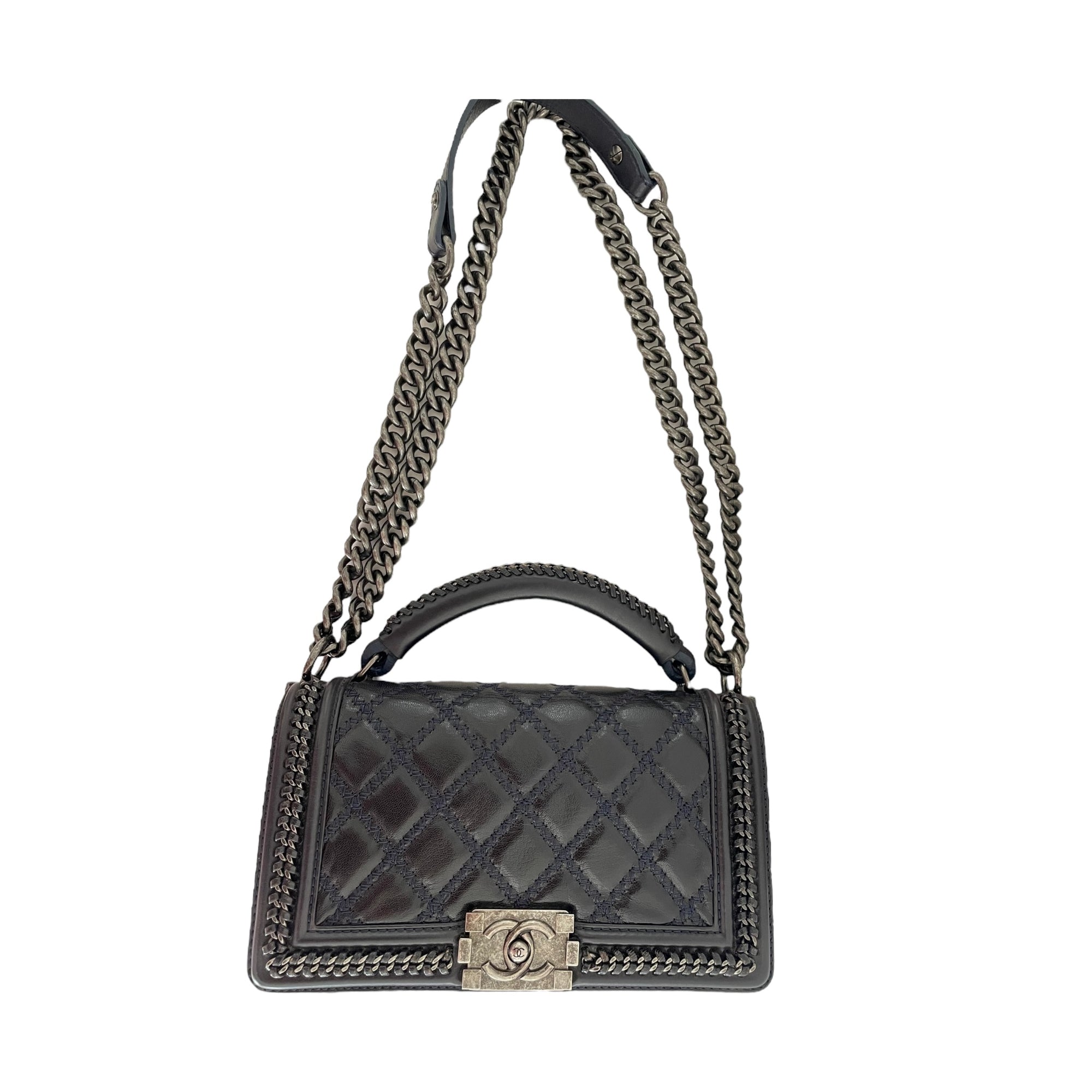 Chanel Midnight Quilted Leather Medium Wild Stitch Chain Boy Top Handle Bag