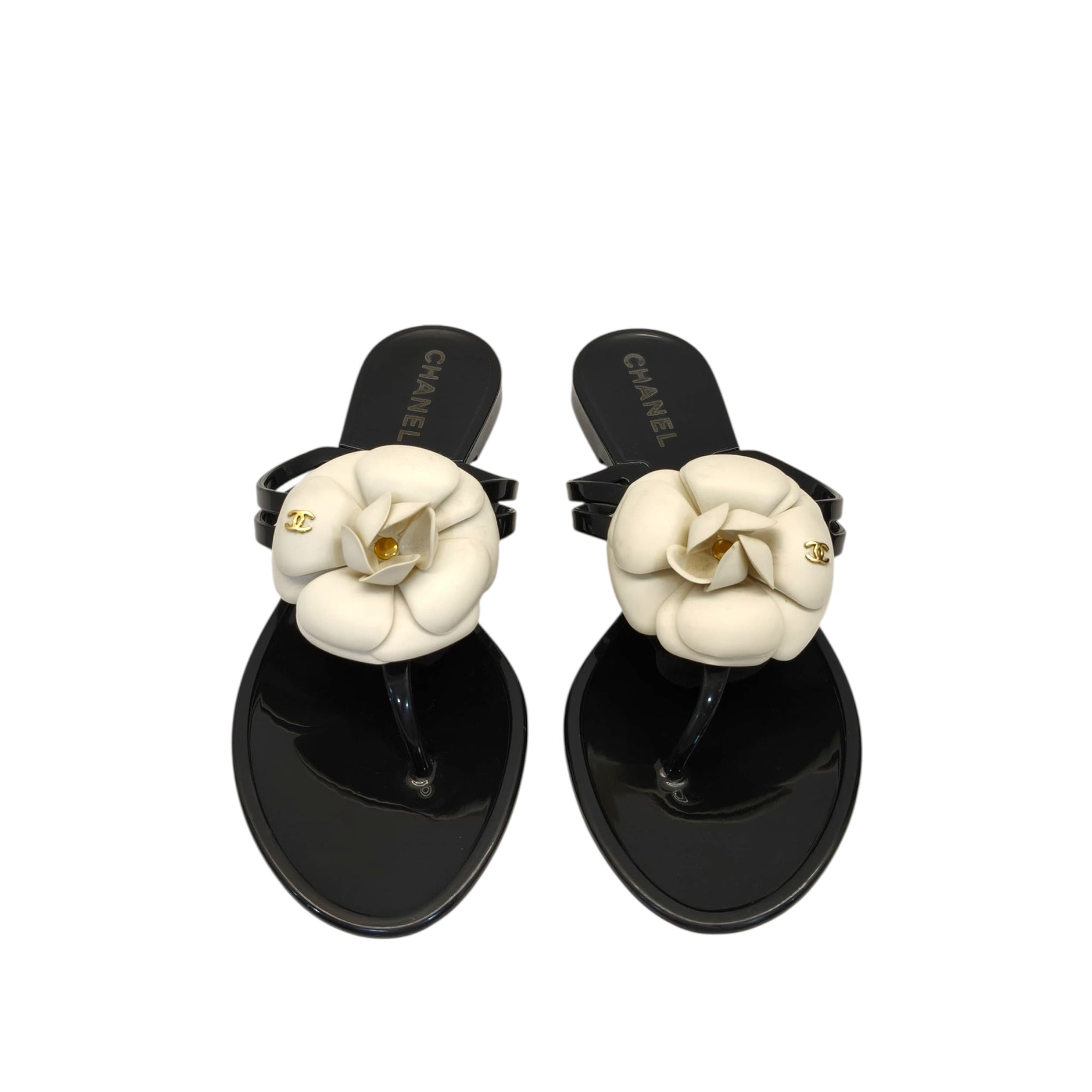 Chanel Cream/Black Jelly Camellia Thong Sandals EU 36