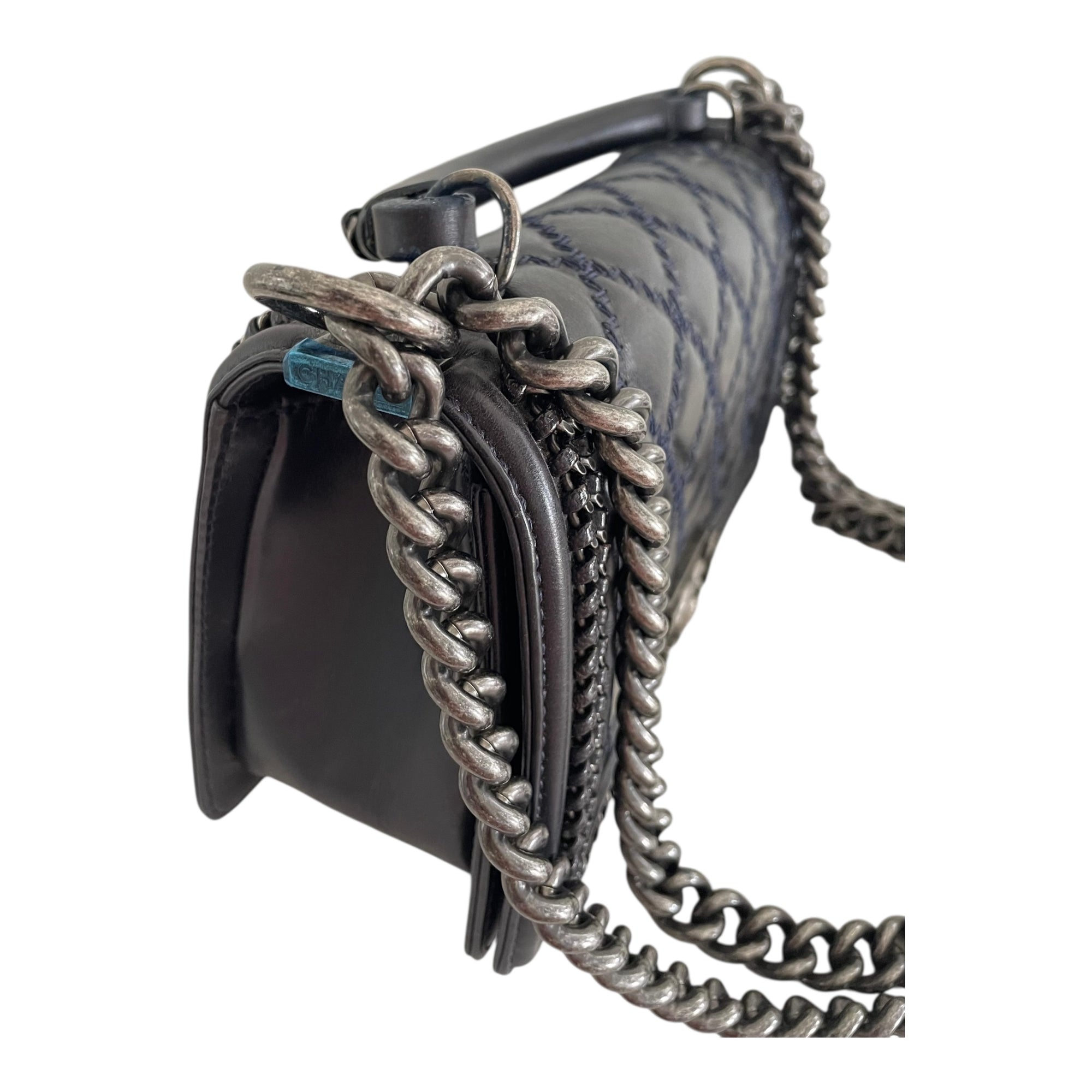 Chanel Midnight Quilted Leather Medium Wild Stitch Chain Boy Top Handle Bag