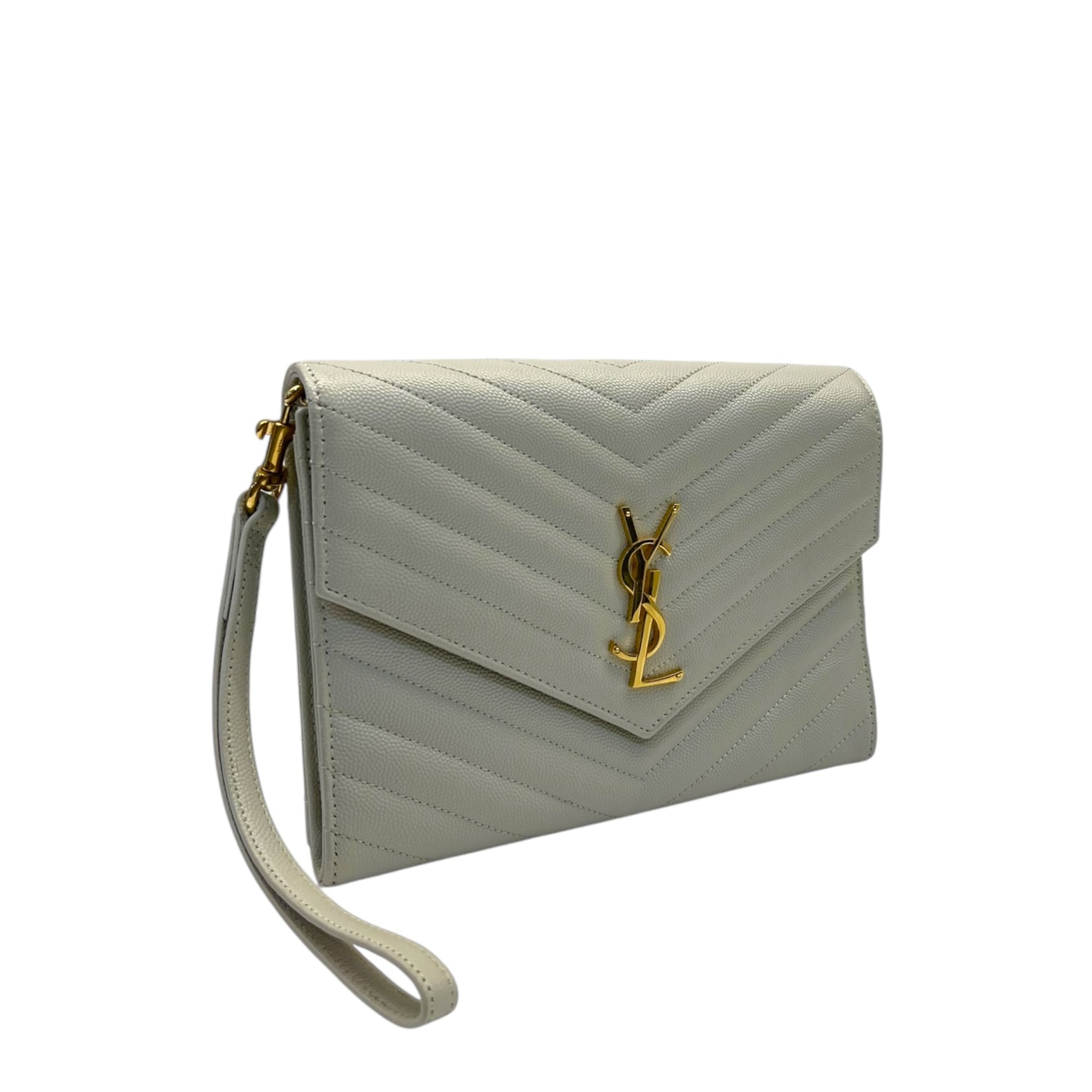 Saint Laurent Off White Matelasse Leather Monogram Chain Clutch