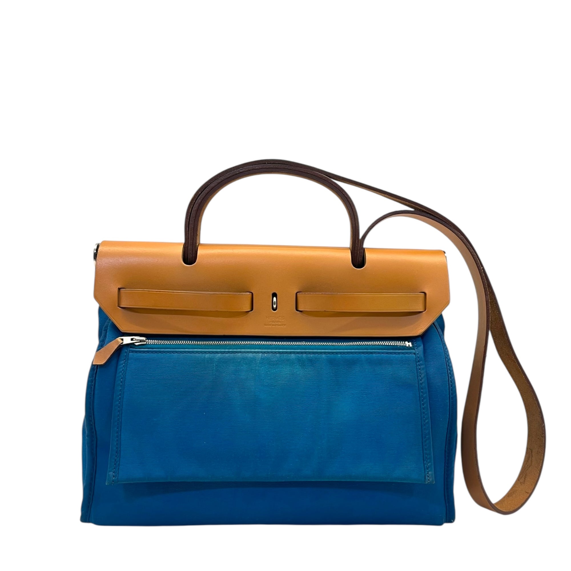 Hermes Blue/Brown Canvas and Leather Herbag Zip Bag