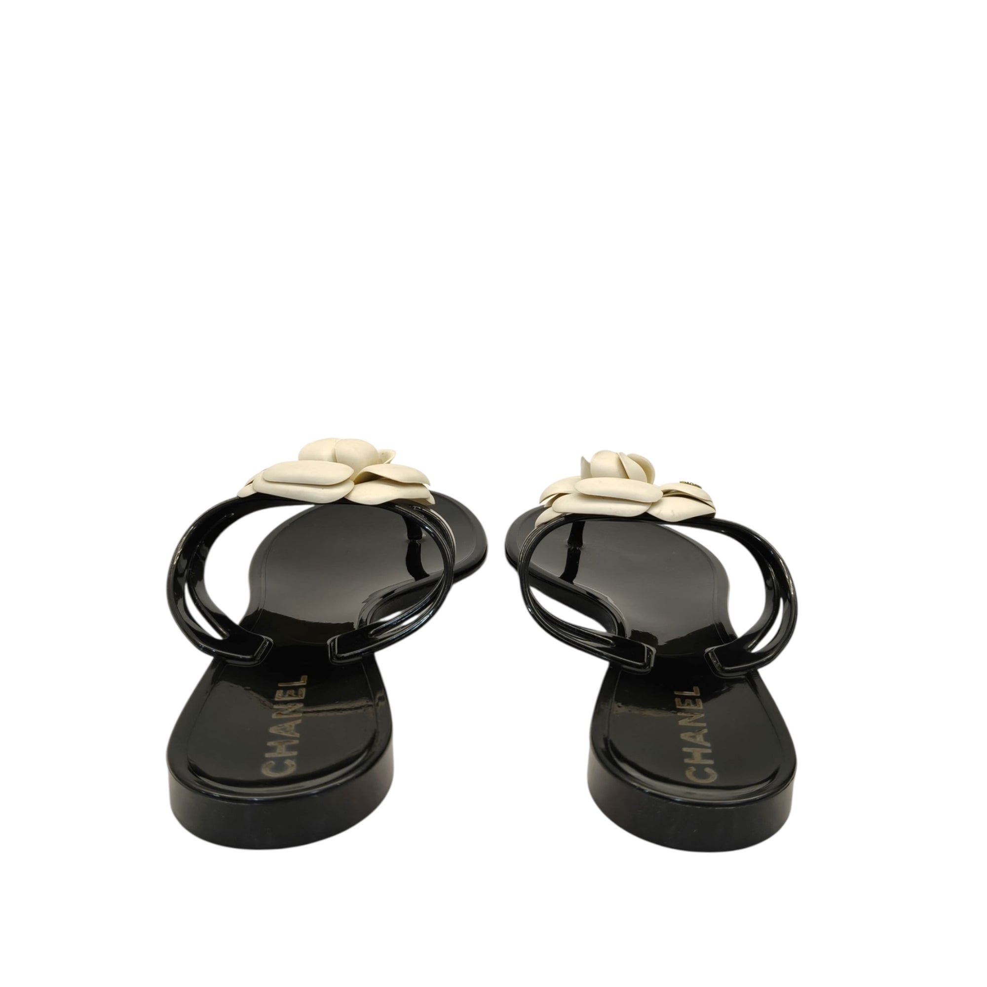 Chanel Cream/Black Jelly Camellia Thong Sandals EU 36