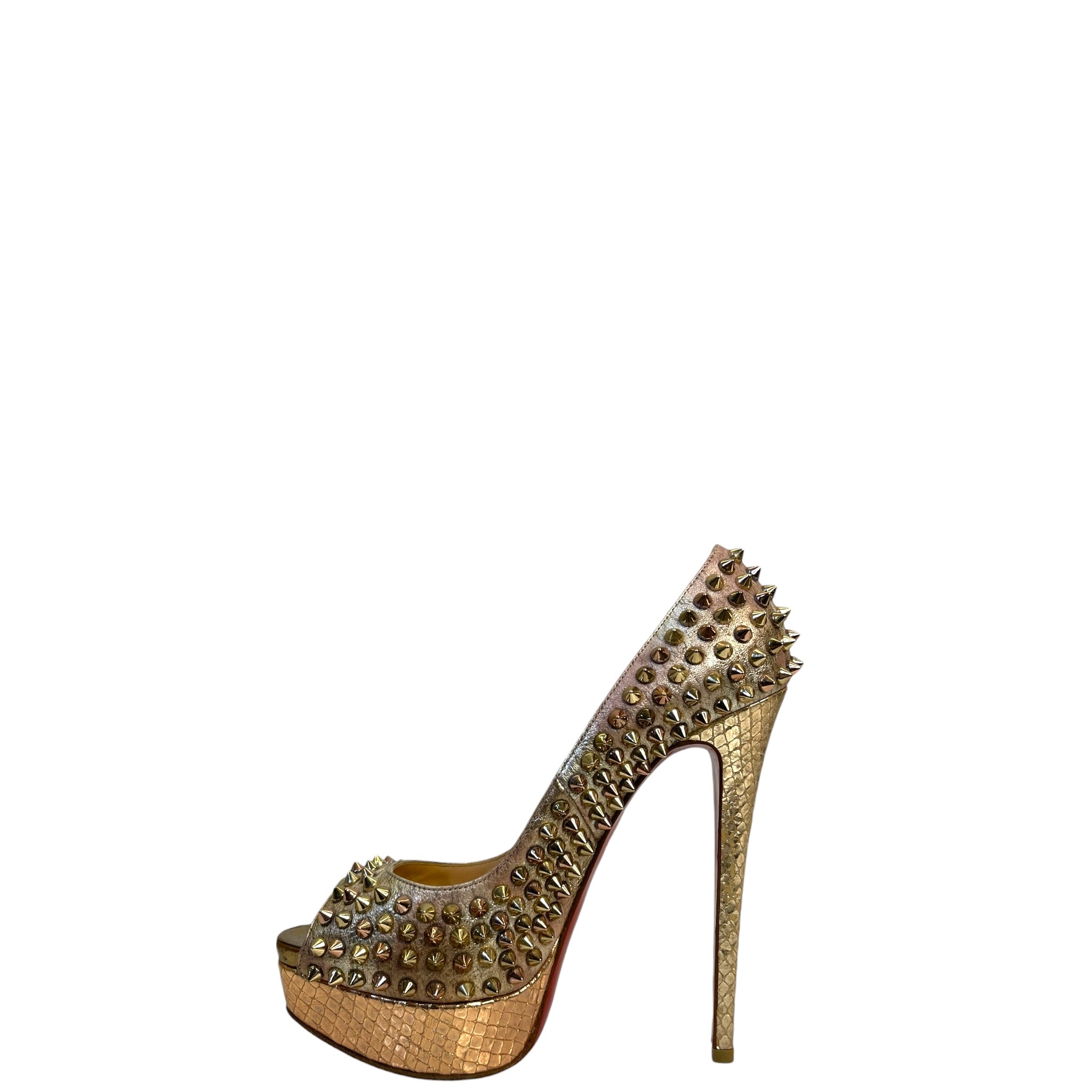 Christian Louboutin Lady Peep Toe Spikes Gold Python Leather Platform Pumps EU 38