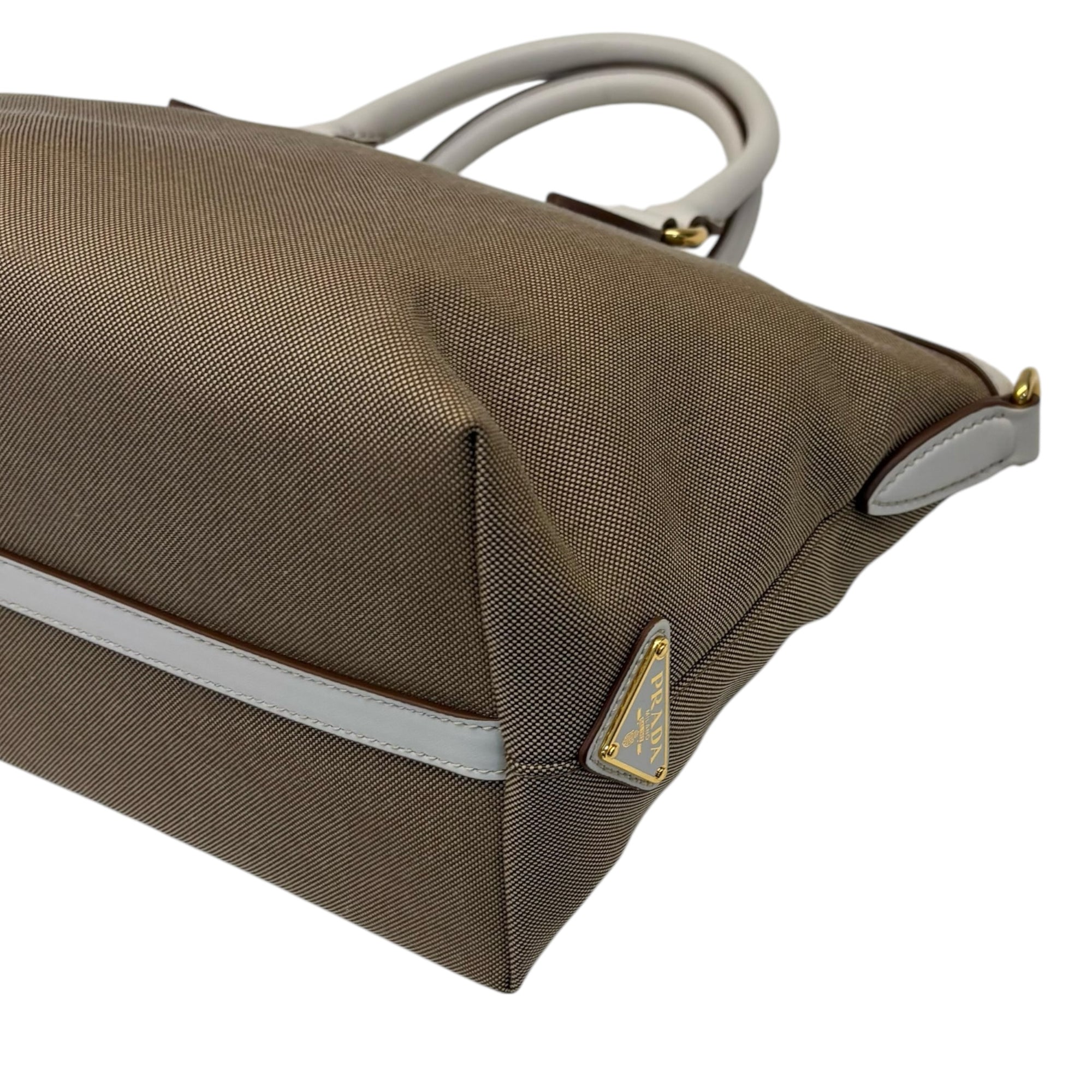 Prada Beige Leather Logo Embossed Zip Tote