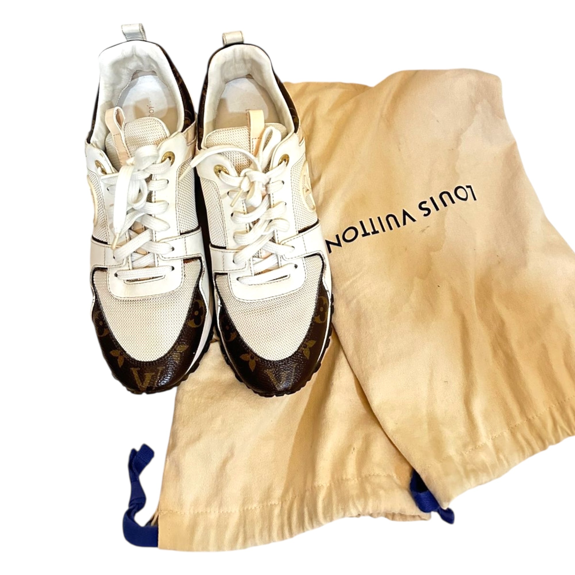 Louis Vuitton White/Brown Leather and Monogram Canvas Run Away Low Top Sneakers