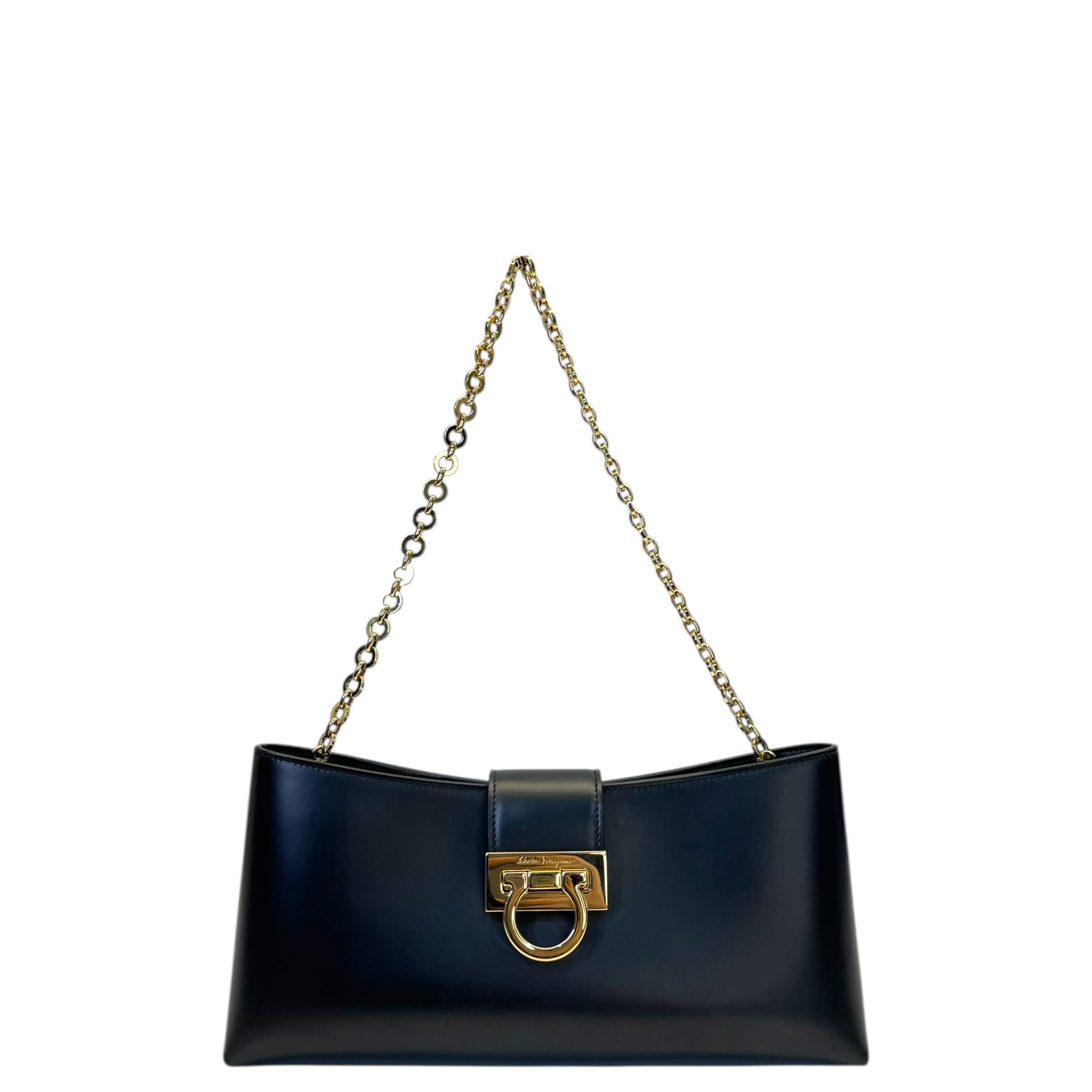 Salvatore Ferragamo Trifolio Black Leather Shoulder Bag Gold-tone Gancini Clasp