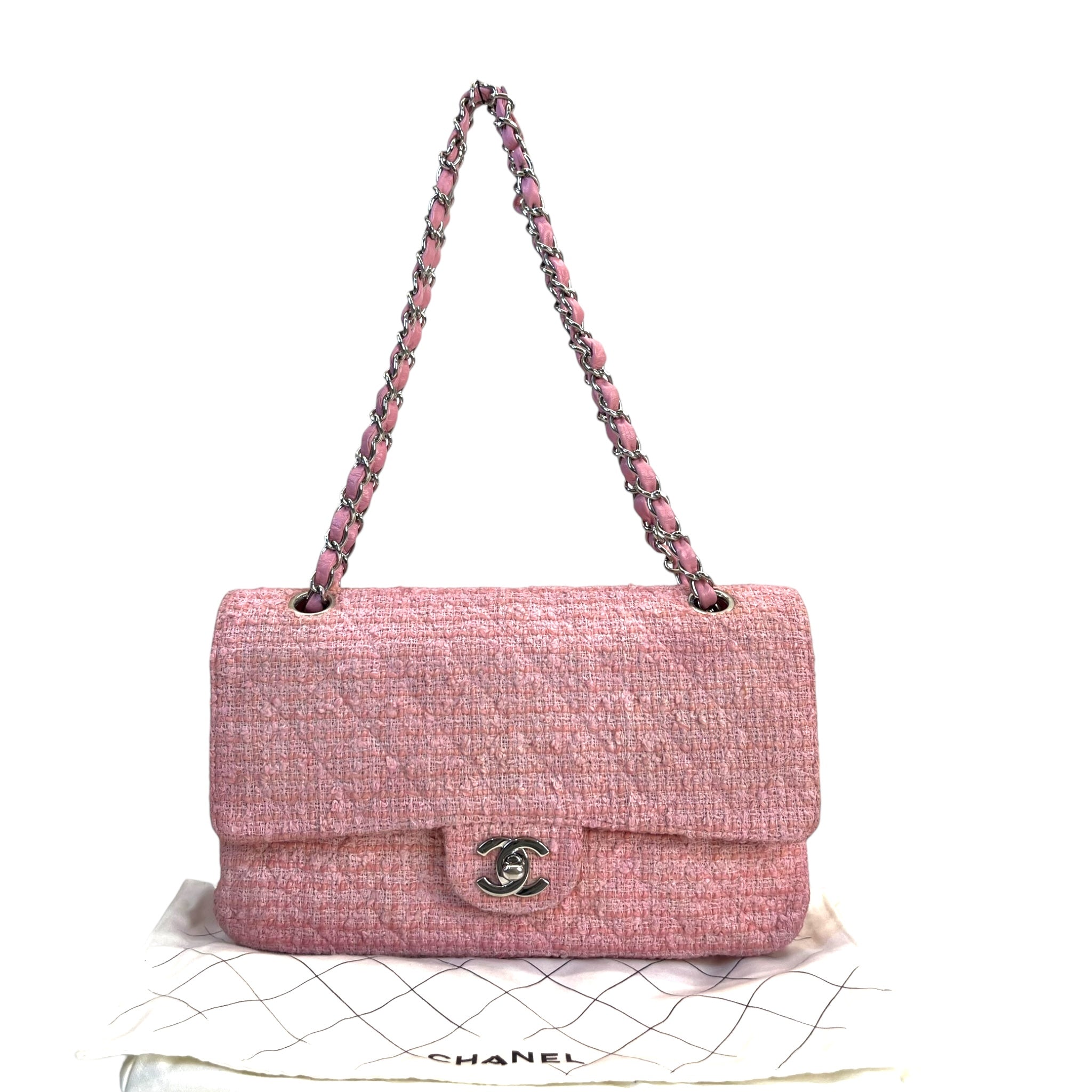 Chanel Classic Double Flap Pink Tweed Shoulder Bag