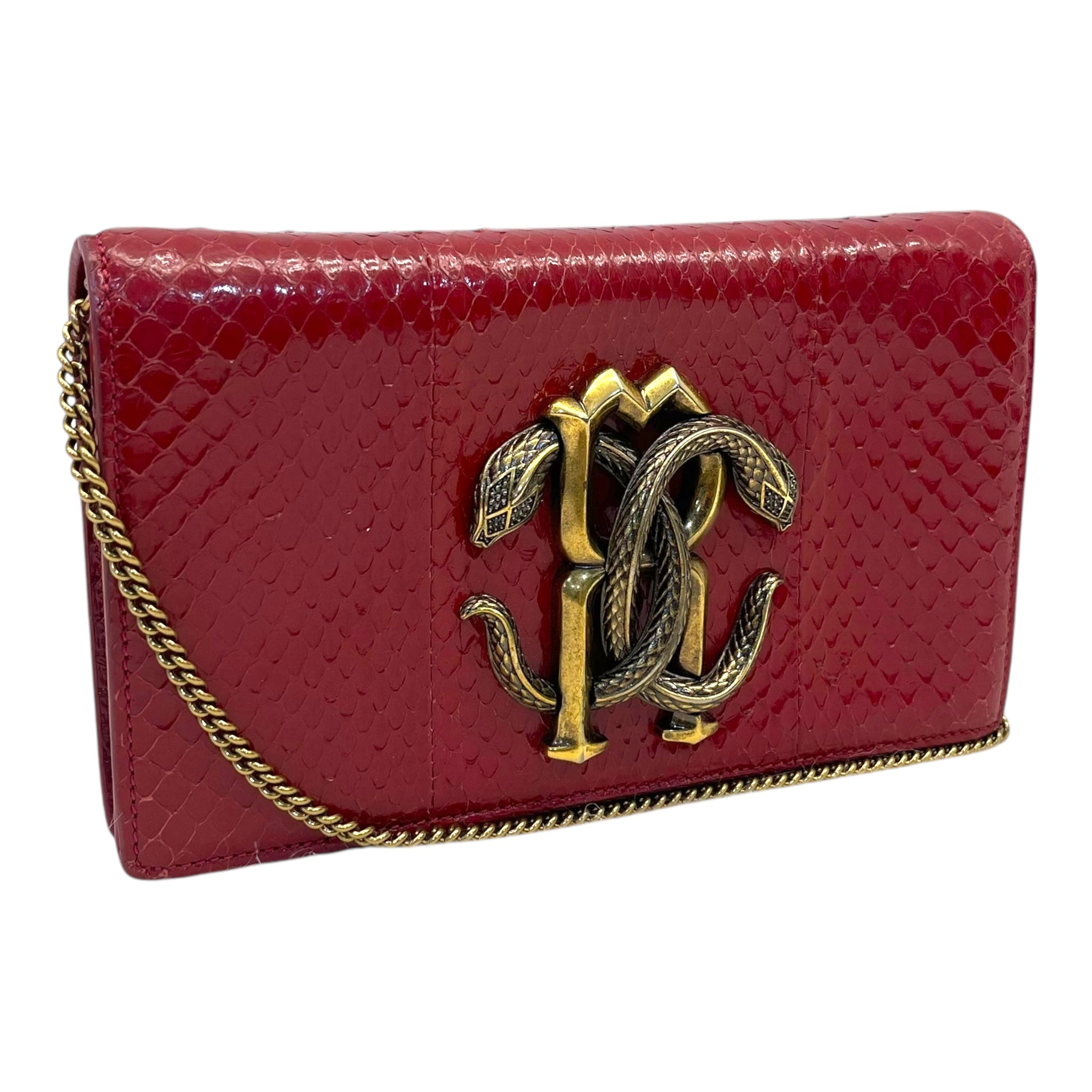 Roberto Cavalli Red Leather RC Monogram Flap Chain Bag