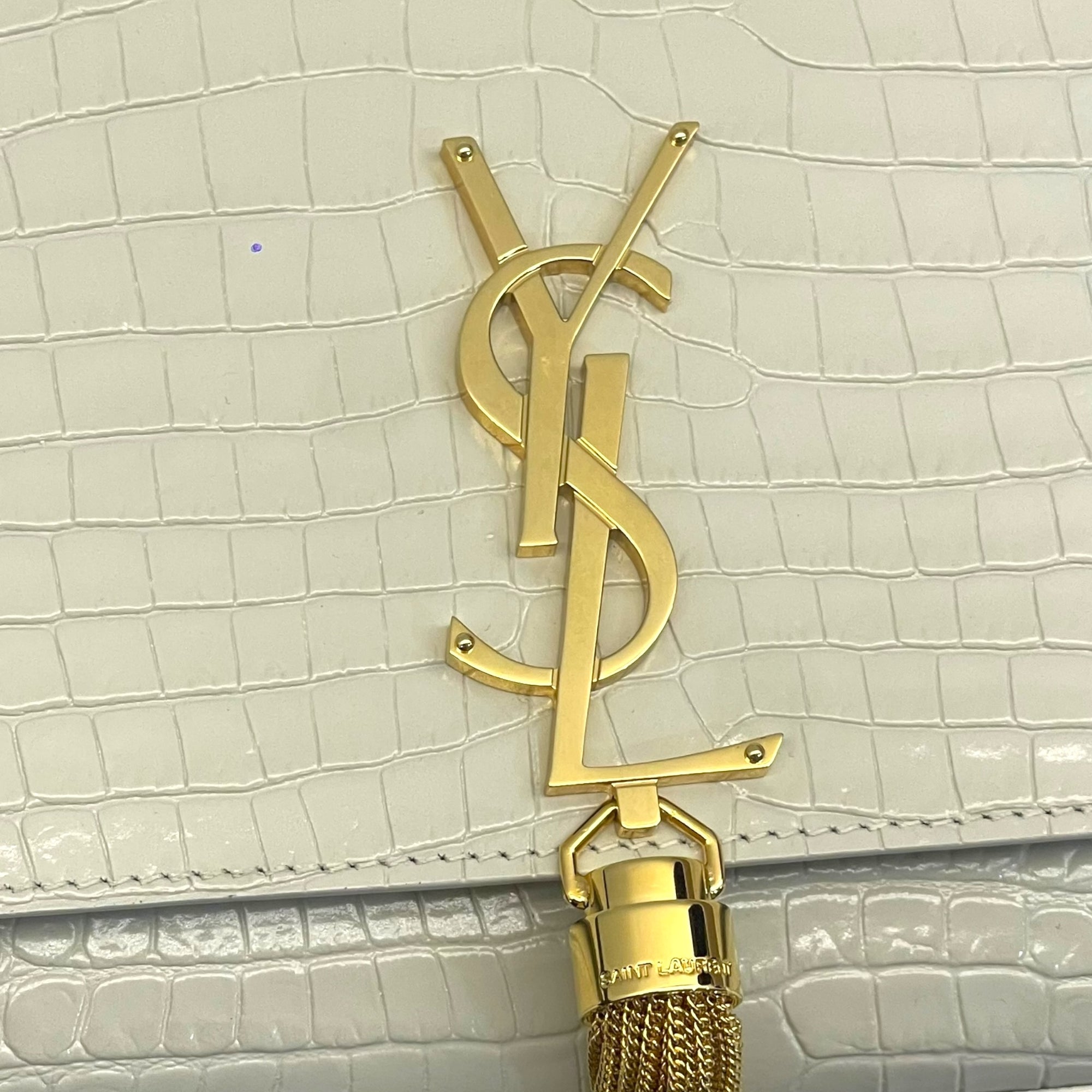 Saint Laurent White Croc Embossed Leather Small Kate Tassel Crossbody Bag