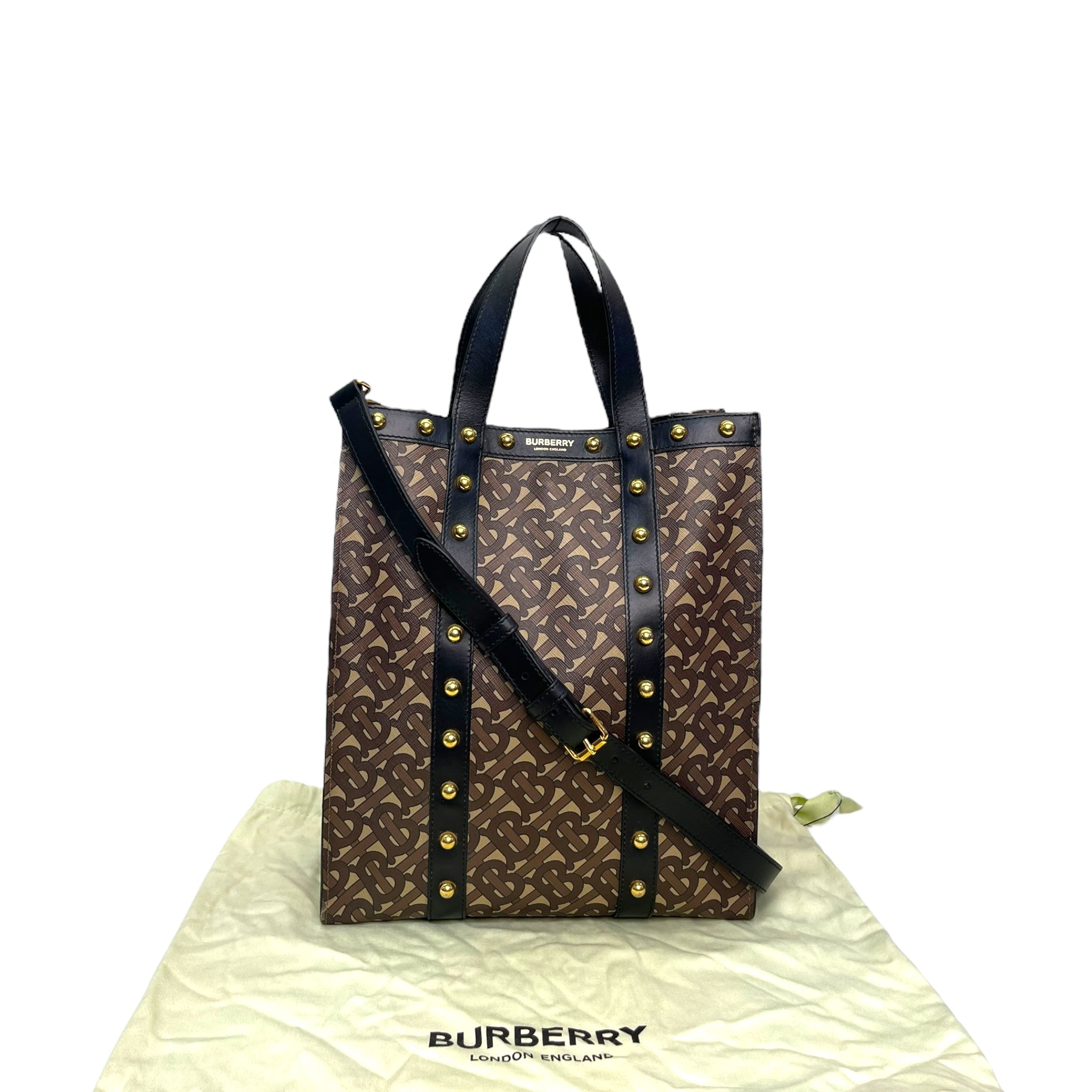 Burberry Brown/Black Monogram Coated Canvas And Leather Studded Book Tote Bag