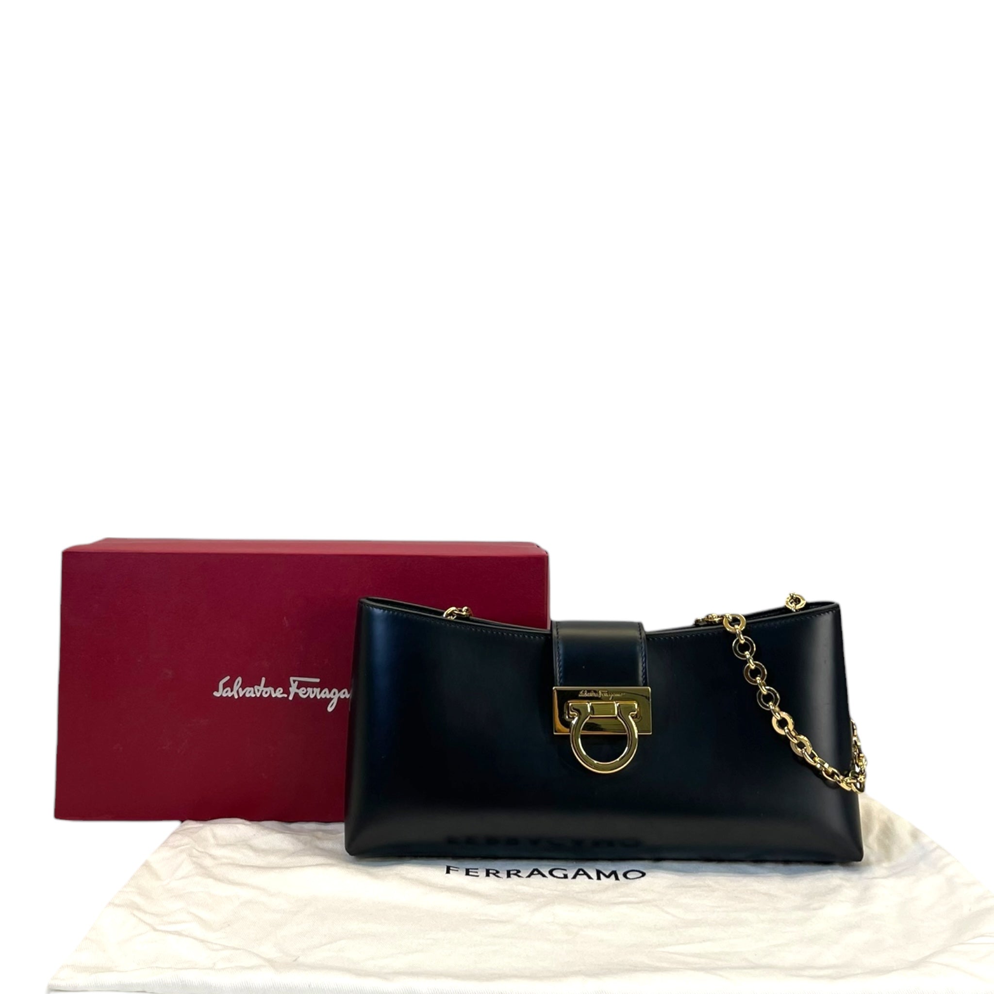 Salvatore Ferragamo Trifolio Black Leather Shoulder Bag Gold-tone Gancini Clasp