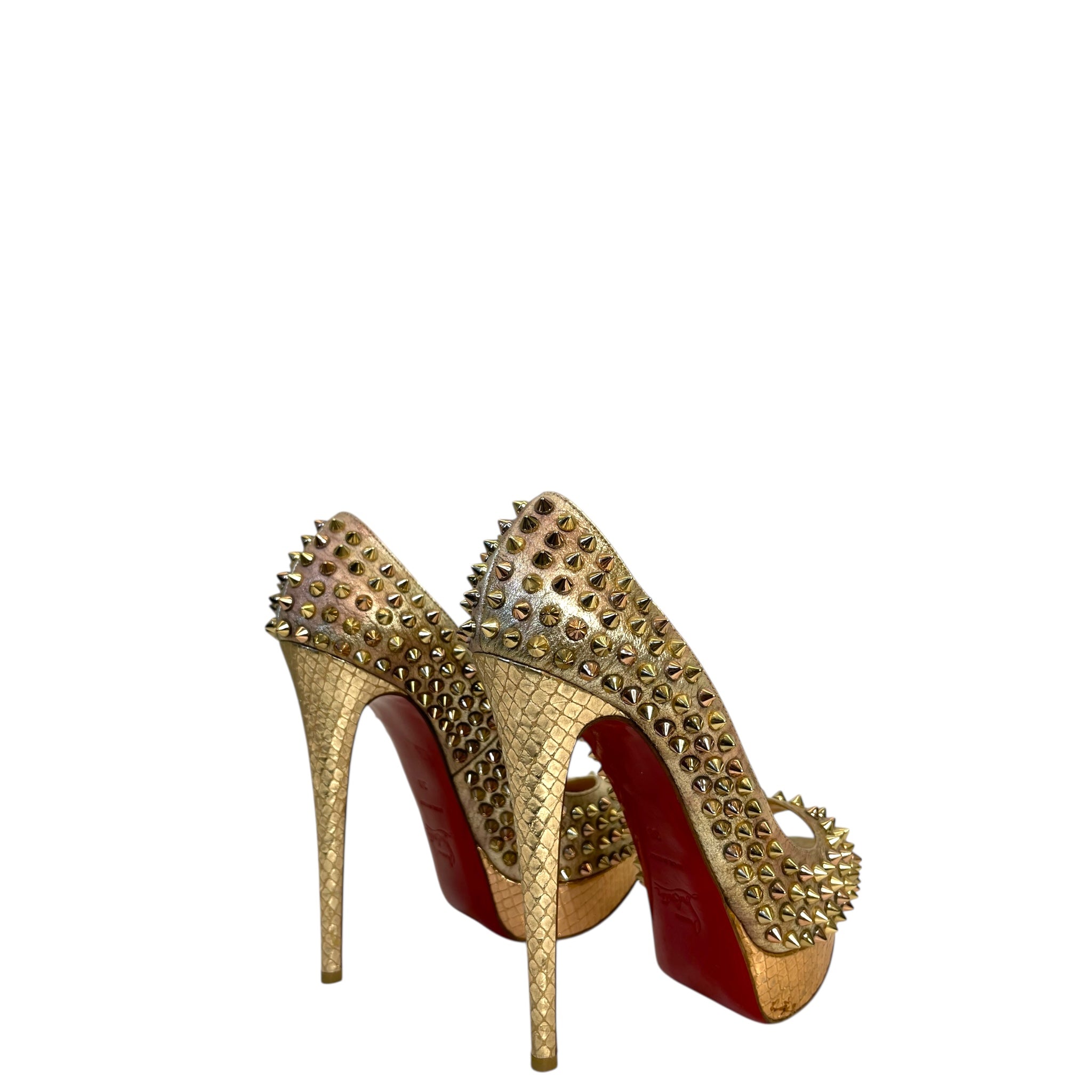 Christian Louboutin Lady Peep Toe Spikes Gold Python Leather Platform Pumps EU 38