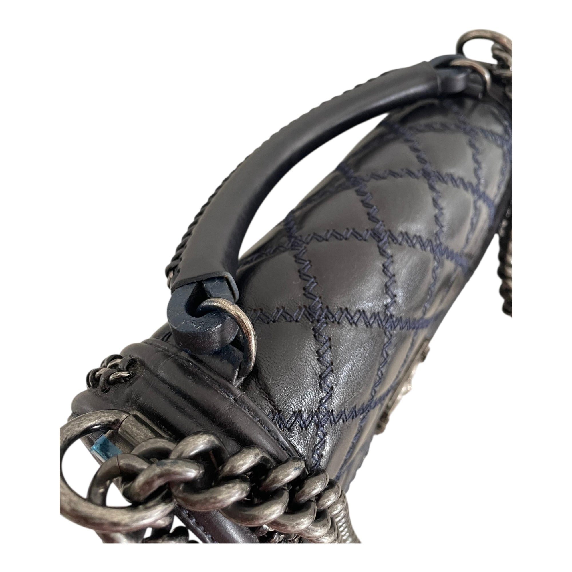 Chanel Midnight Quilted Leather Medium Wild Stitch Chain Boy Top Handle Bag