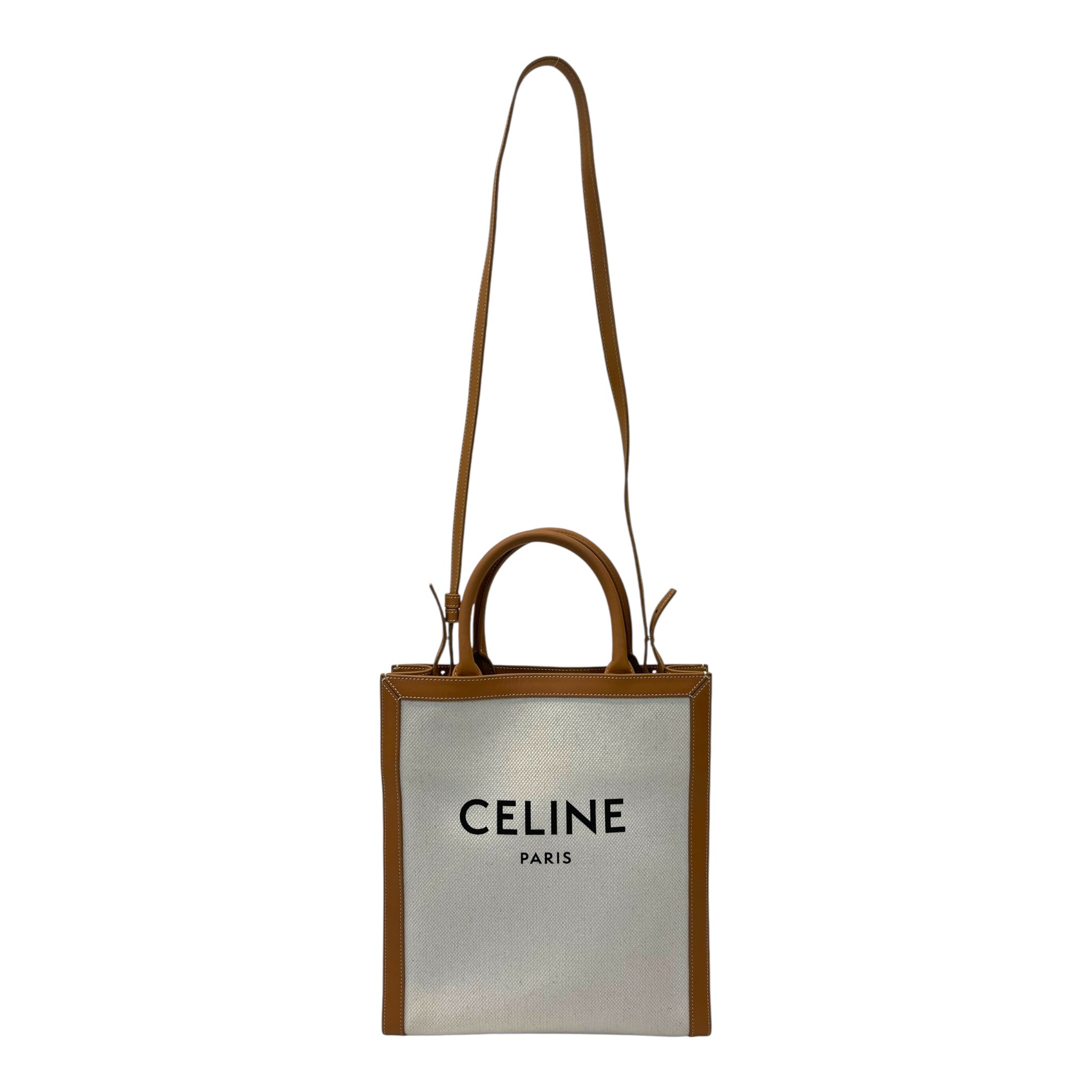 Celine Camel/Off-White Leather and Canvas Vertical Cabas Tote Bag