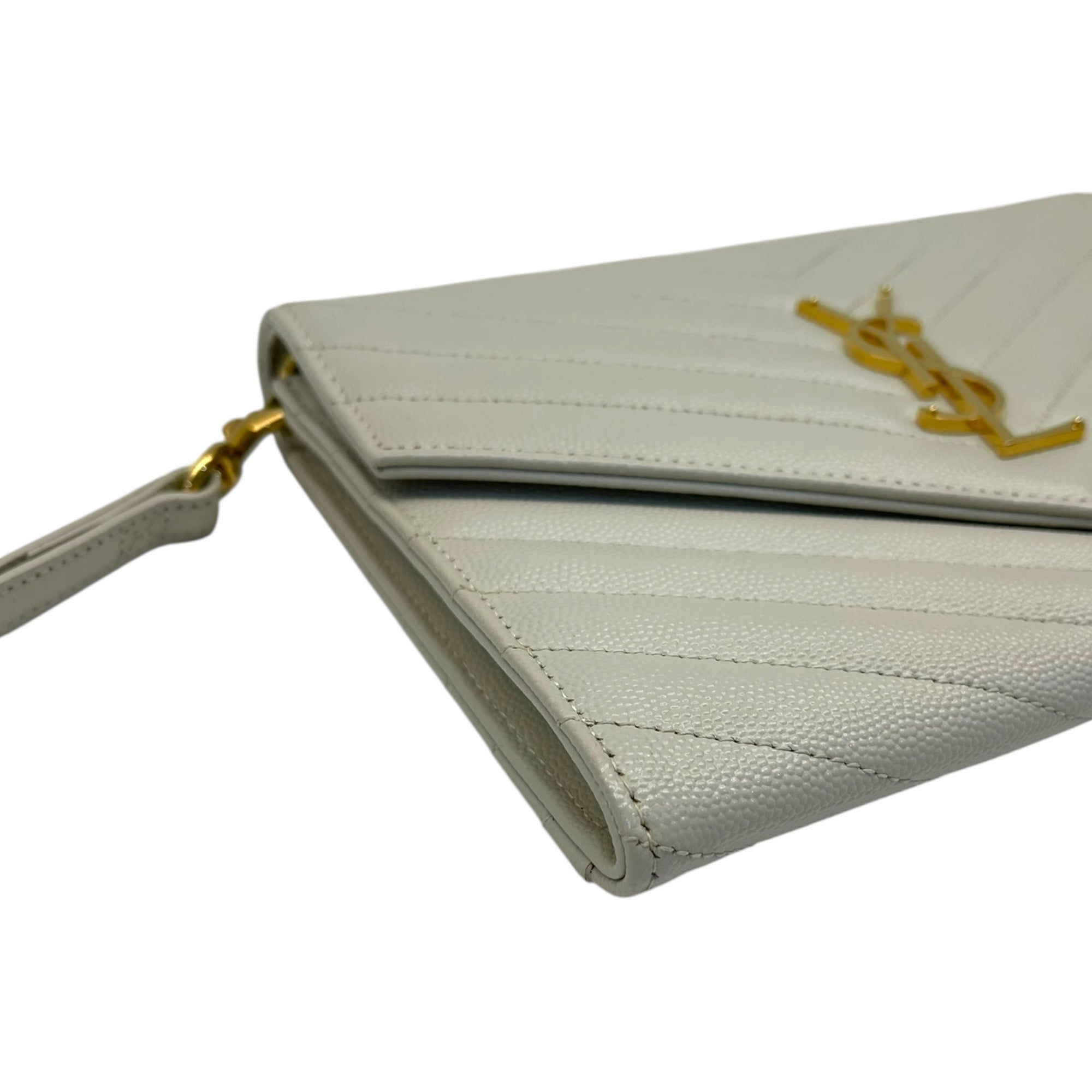 Saint Laurent Off White Matelasse Leather Monogram Chain Clutch