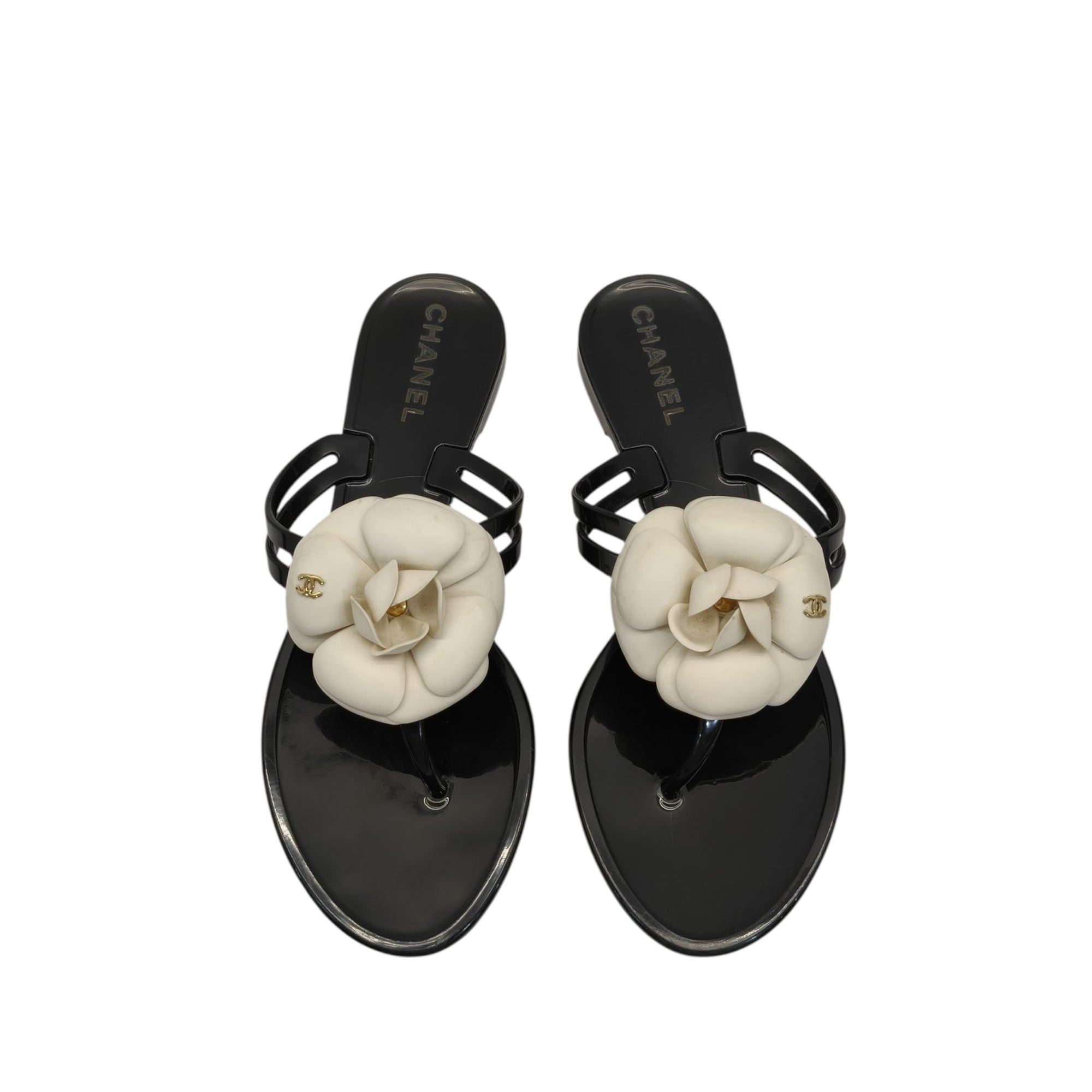 Chanel Cream/Black Jelly Camellia Thong Sandals EU 36