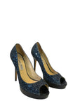 Jimmy Choo Dahlia Peep Toe Platform Pumps Blue/Black Coarse Glitter EU 38