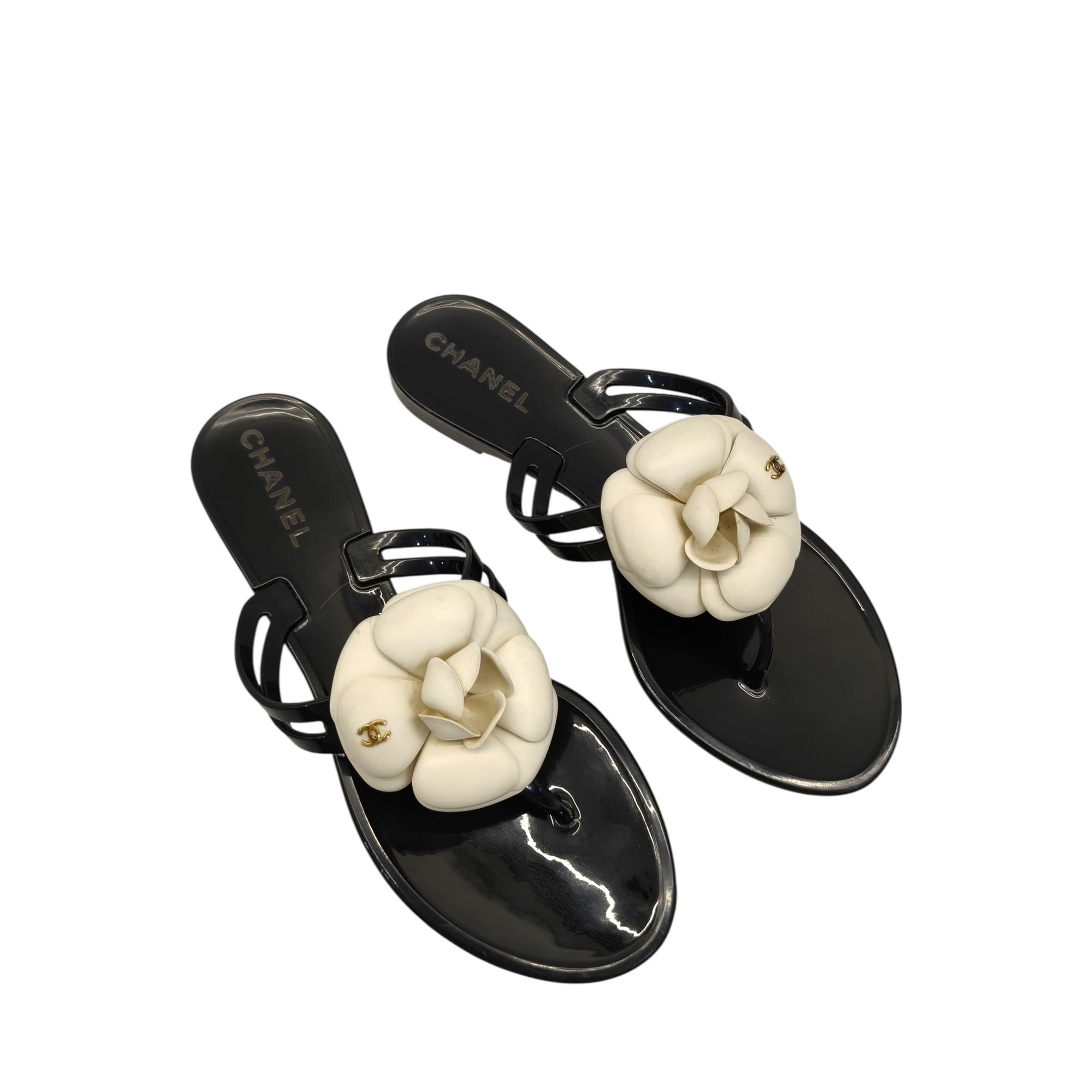 Chanel Cream/Black Jelly Camellia Thong Sandals EU 36