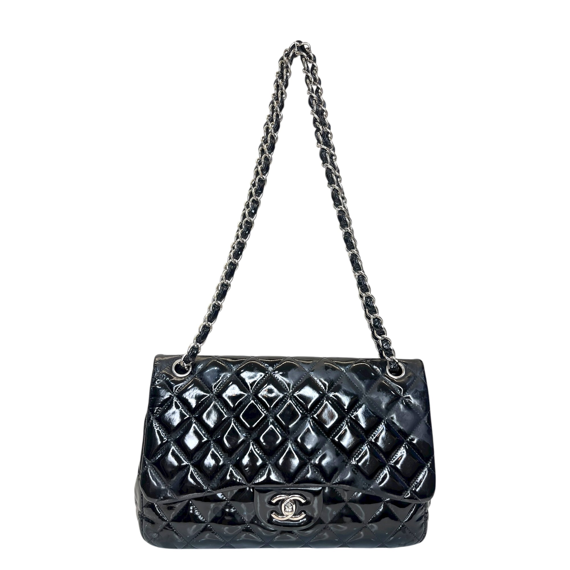 Chanel Black Quilted Patent Leather Large Classic Double Flap Bag