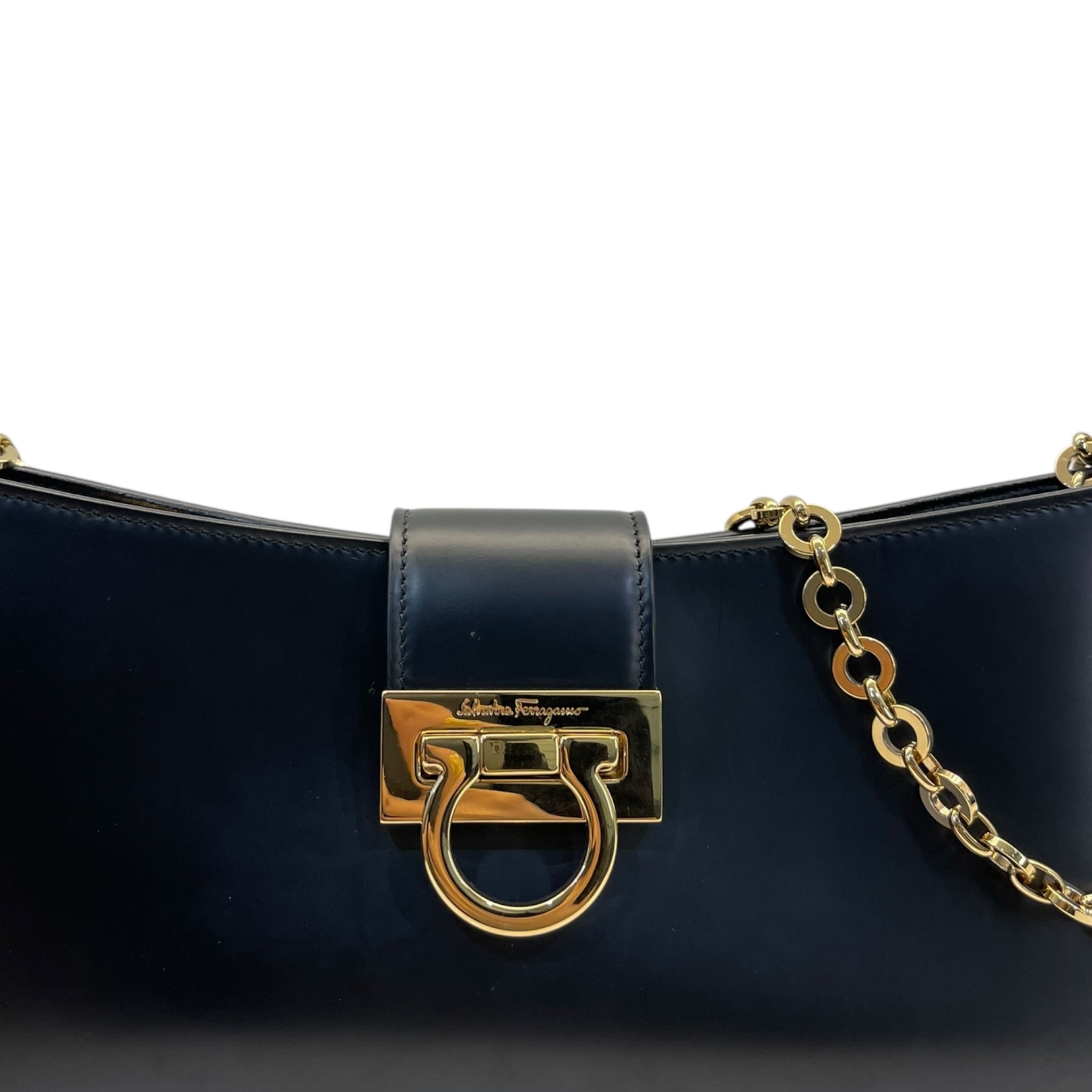 Salvatore Ferragamo Trifolio Black Leather Shoulder Bag Gold-tone Gancini Clasp