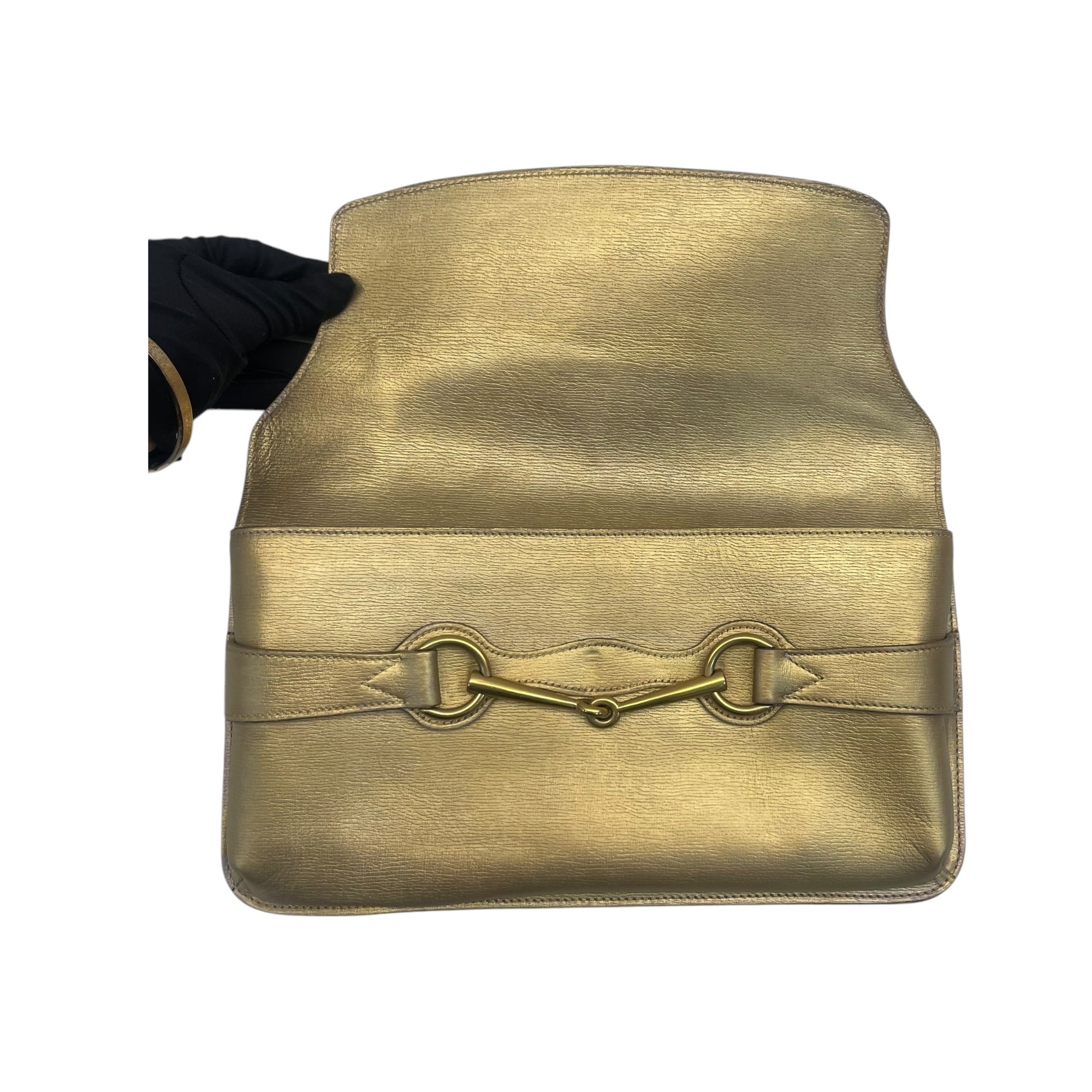 Gucci Gold Metallic Leather Horse Bit Clutch