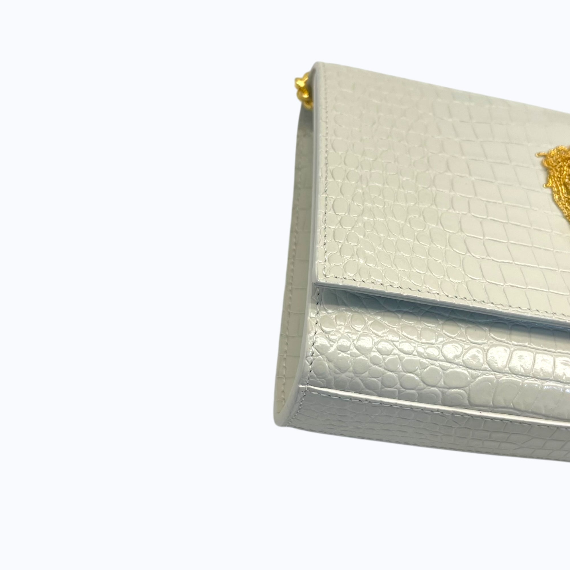 Saint Laurent White Croc Embossed Leather Small Kate Tassel Crossbody Bag