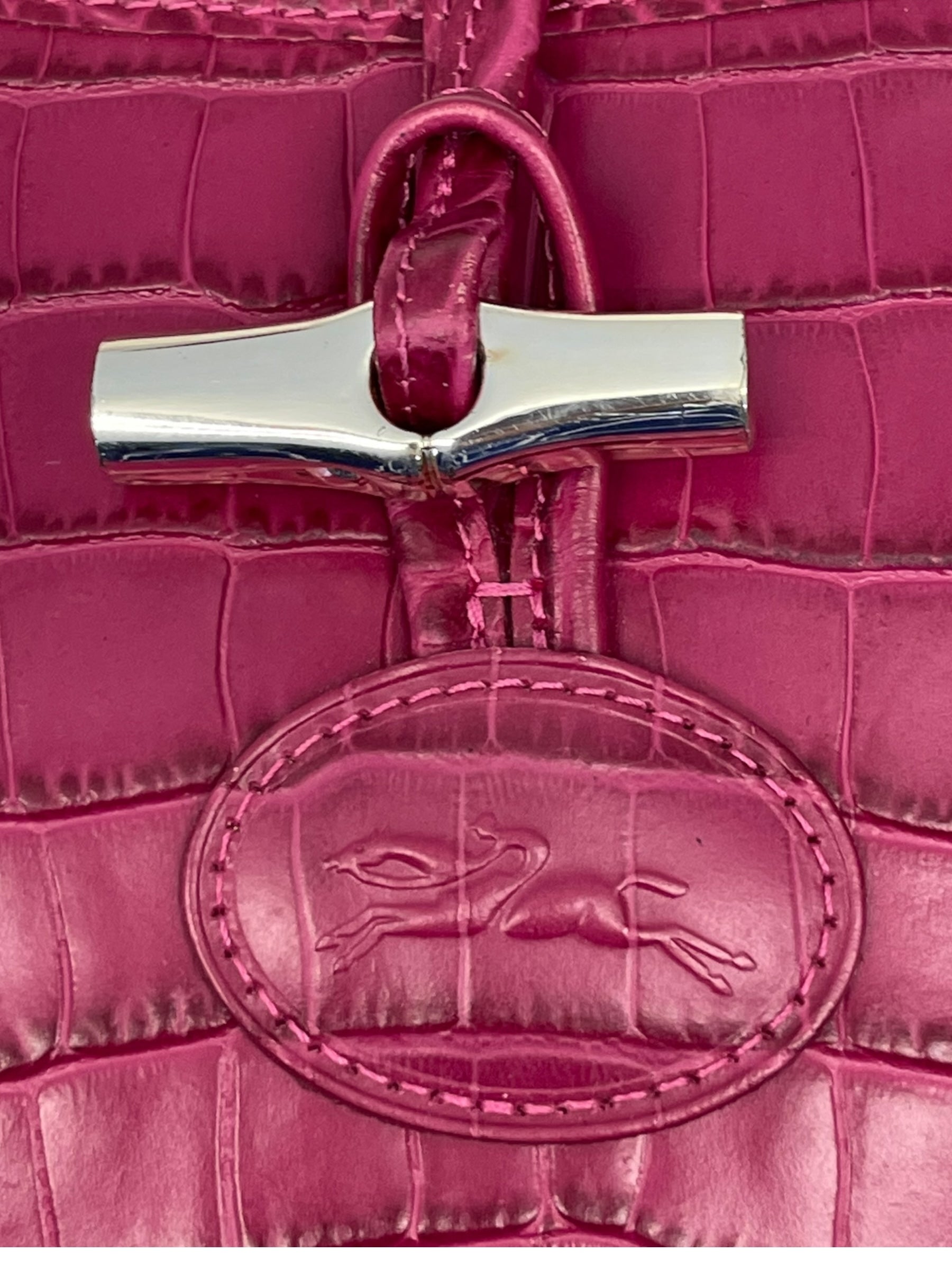 Longchamp Pink Croc Embossed Leather Crossbody Bag