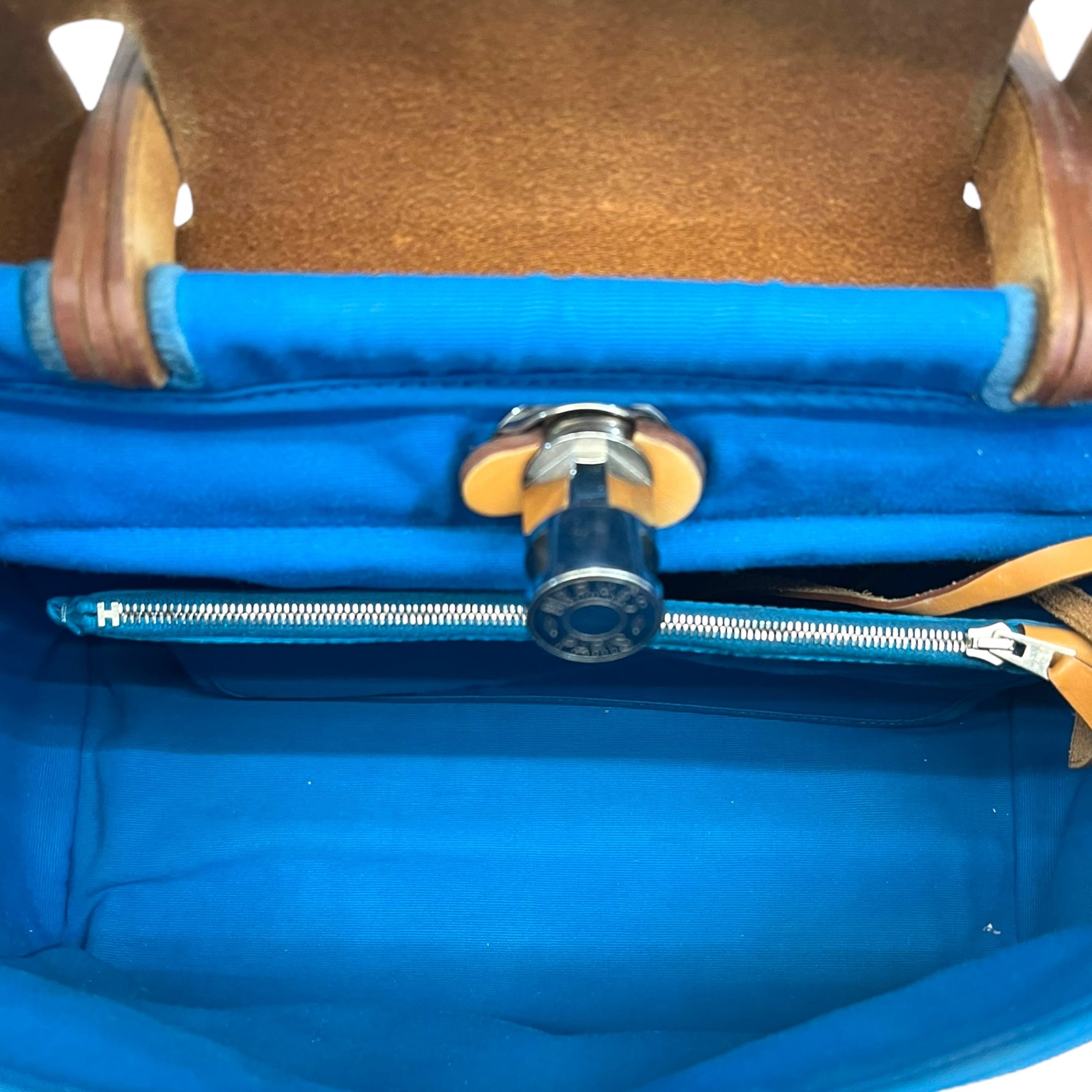 Hermes Blue/Brown Canvas and Leather Herbag Zip Bag