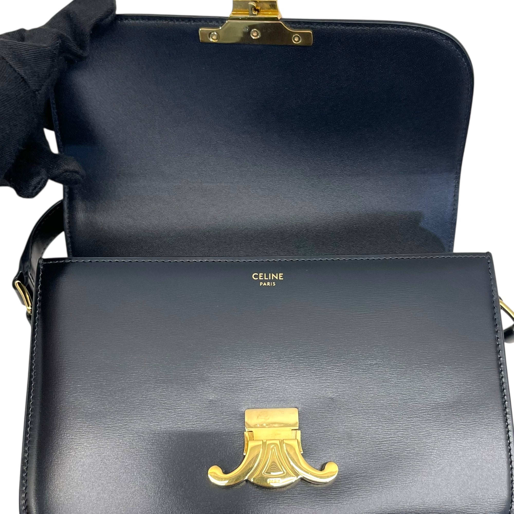 Celine Black Shiny Calf Leather Triomphe Shoulder Bag