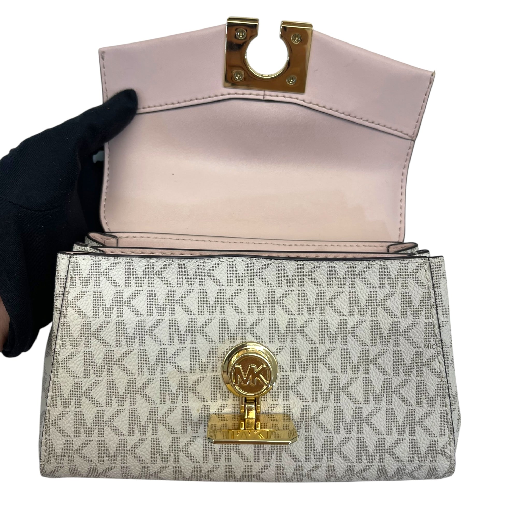 Michael Kors White/Pink Signature Coated Canvas And Leather Small Lita Crossbody Bag