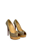 Christian Louboutin Lady Peep Toe Spikes Gold Python Leather Platform Pumps EU 38