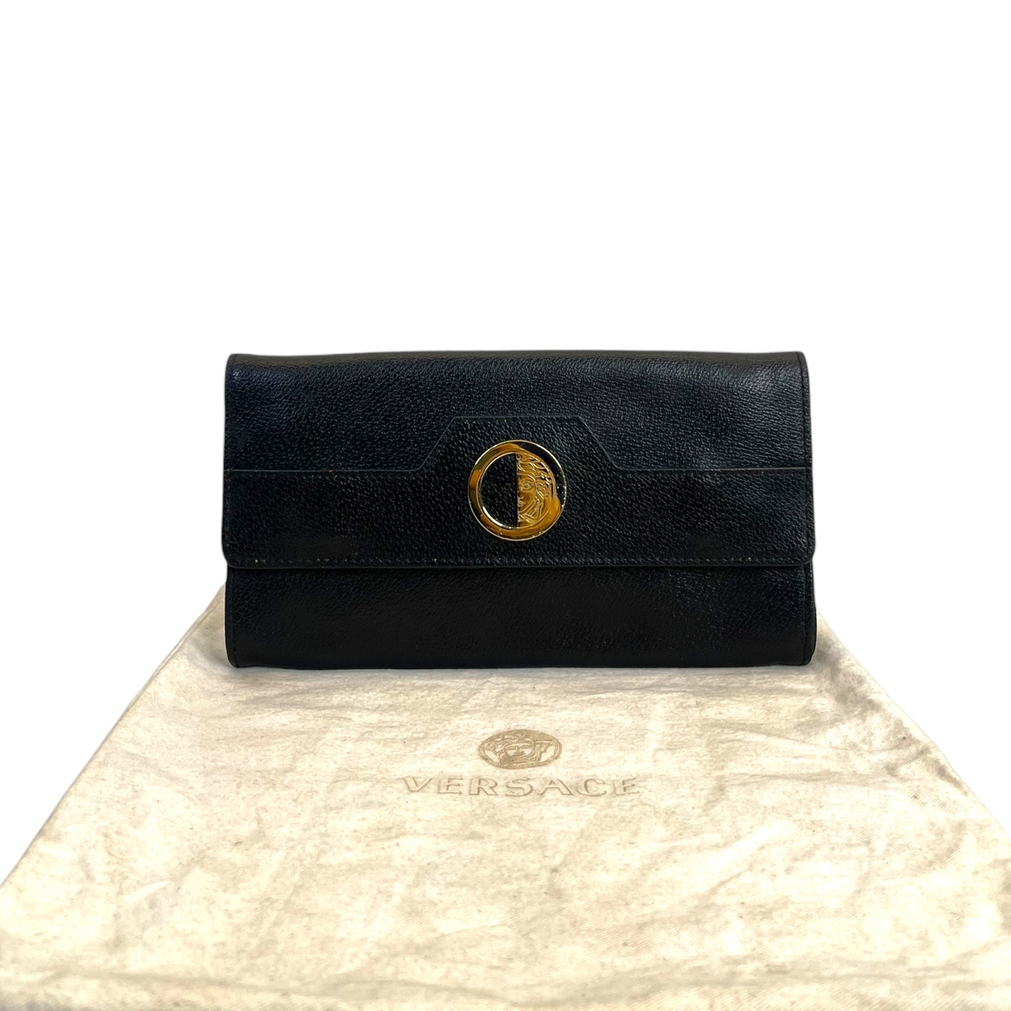 Versace Gold-tone Medusa Head Emblem Black Leather Wallet