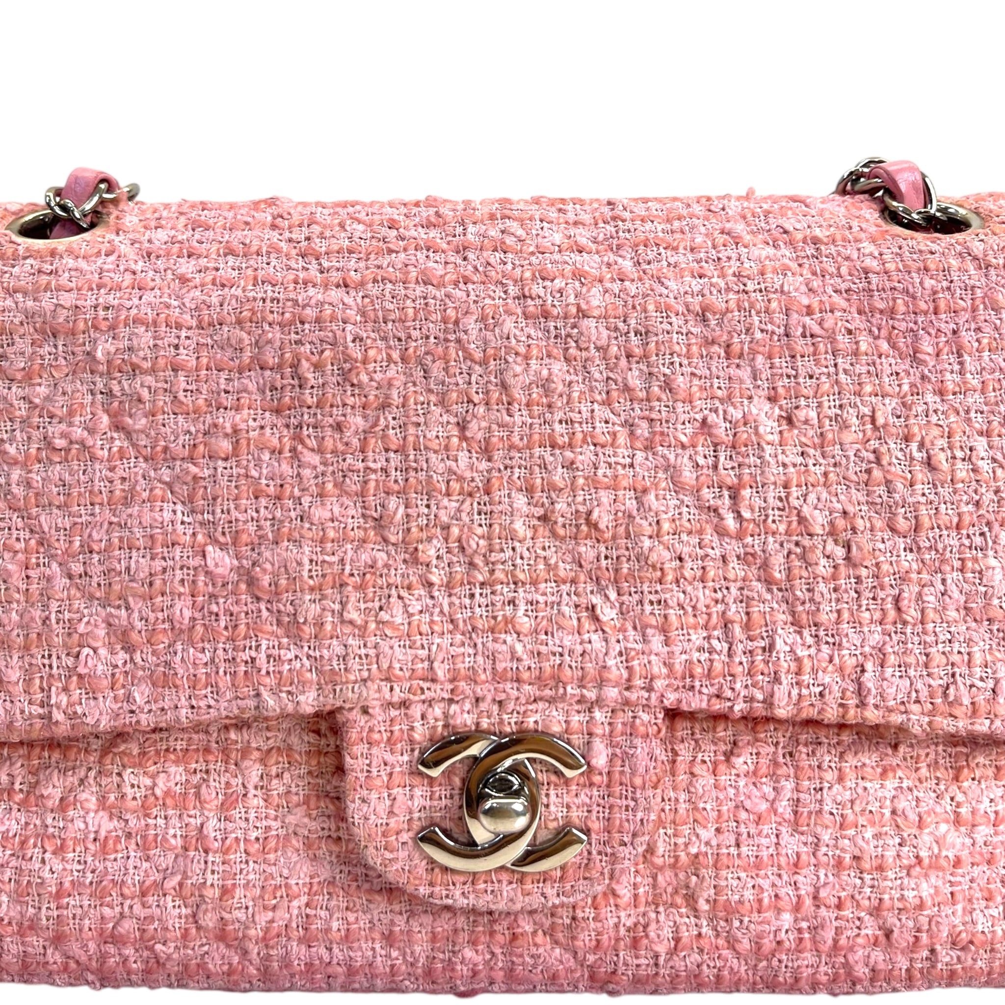 Chanel Classic Double Flap Pink Tweed Shoulder Bag