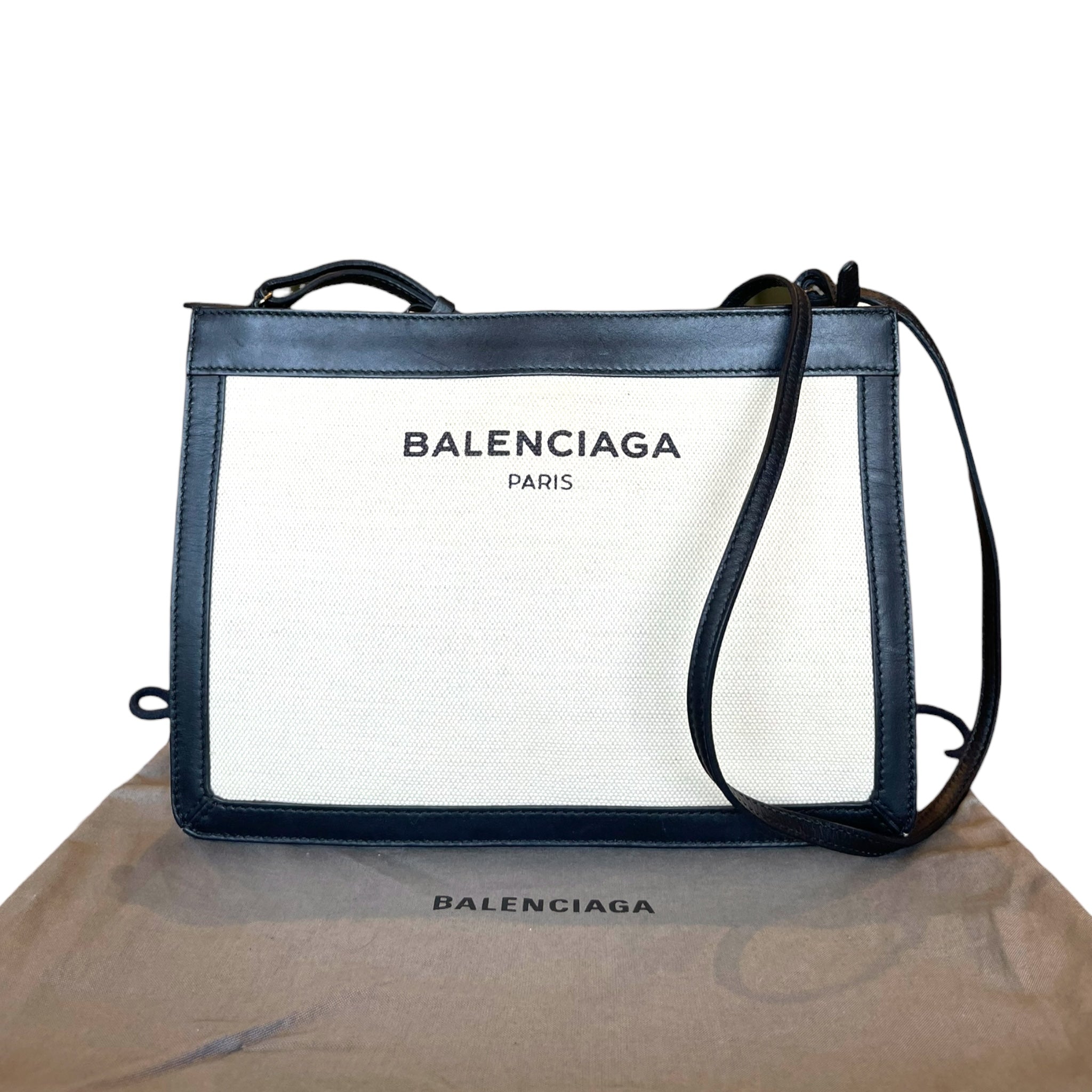 Balenciaga Navy Pochette Bag Beige Canvas/Black Leather Trim