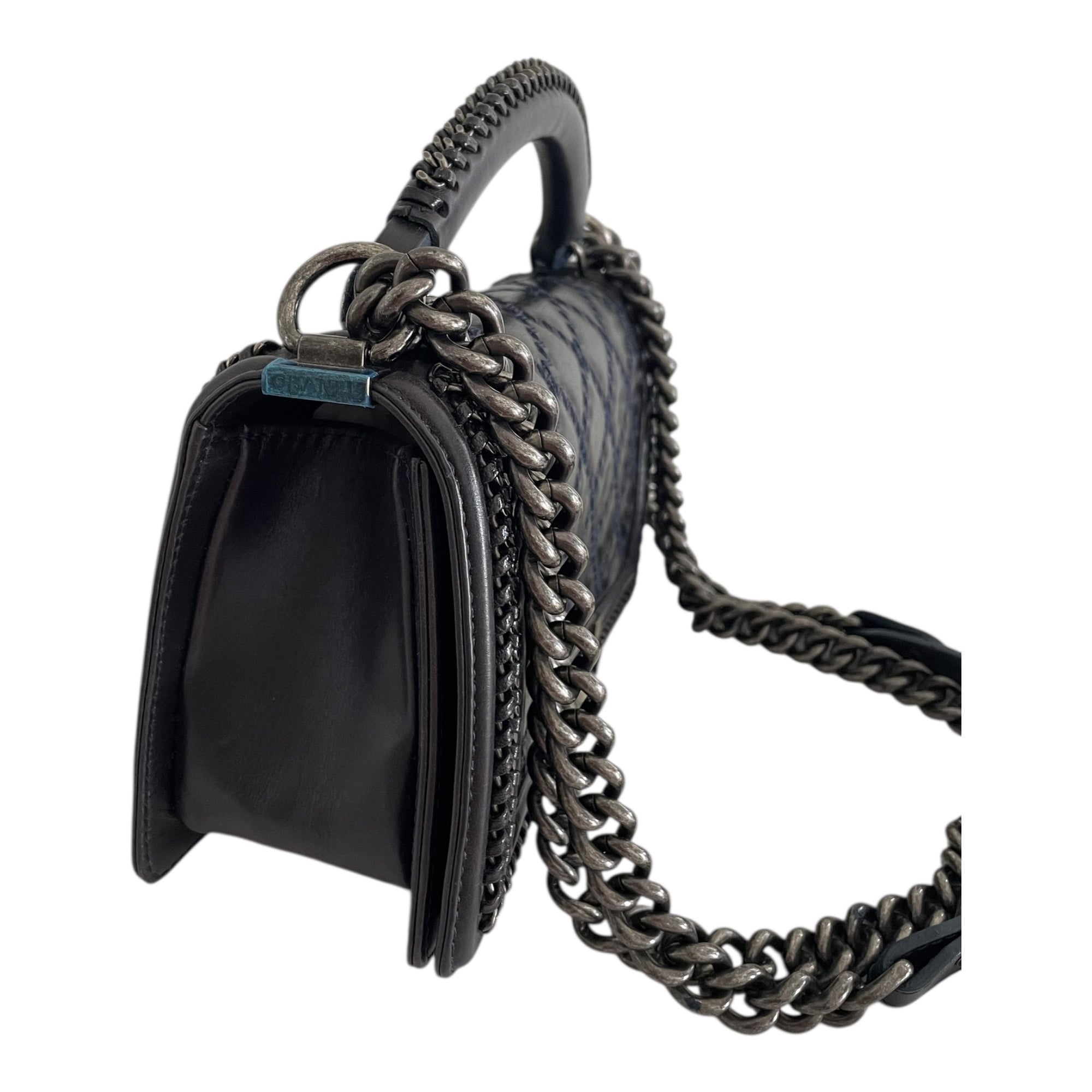 Chanel Midnight Quilted Leather Medium Wild Stitch Chain Boy Top Handle Bag